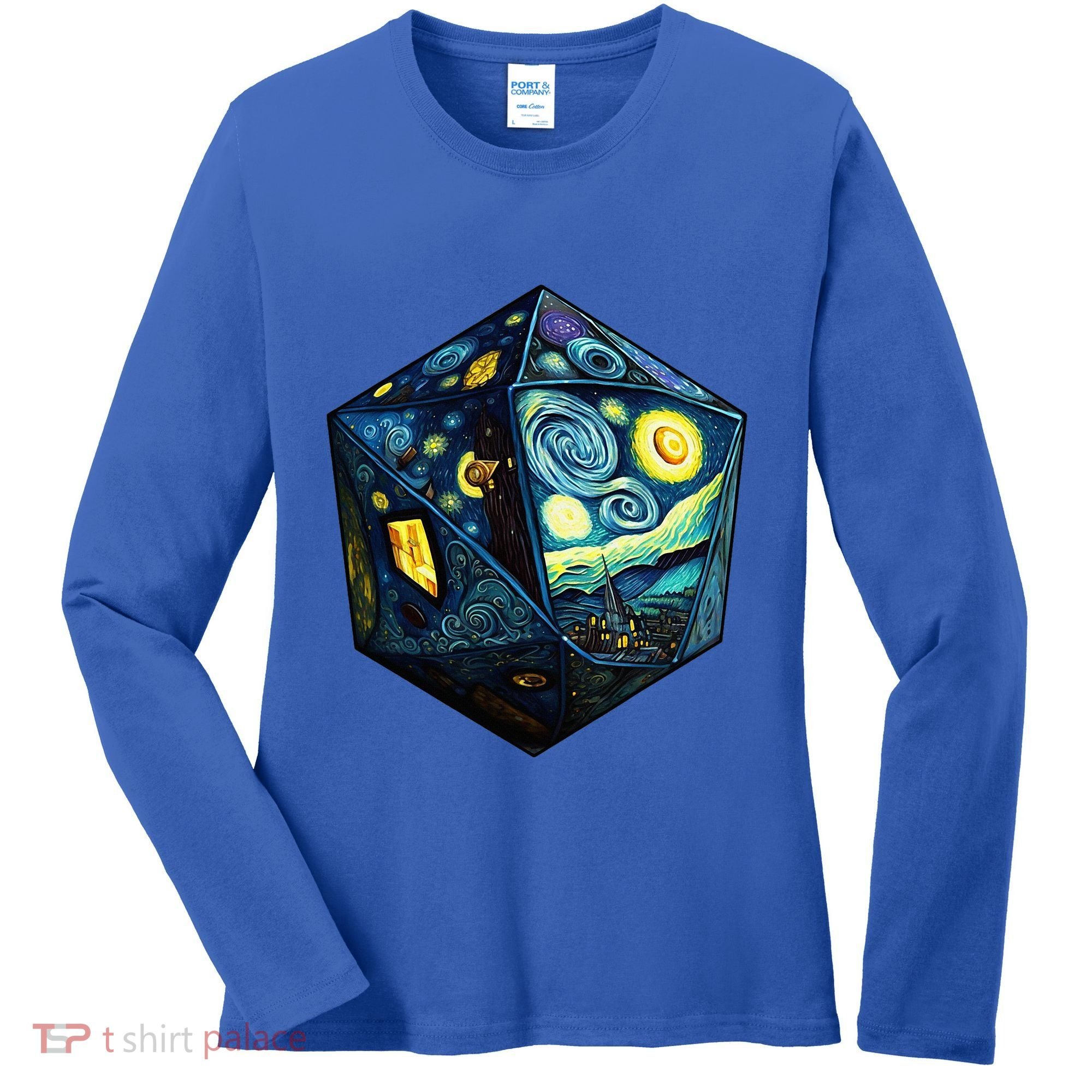 D20 Dice Art Van Gogh Starry Night Cool Realistic D20 Dice Women's Long Sleeve Shirt