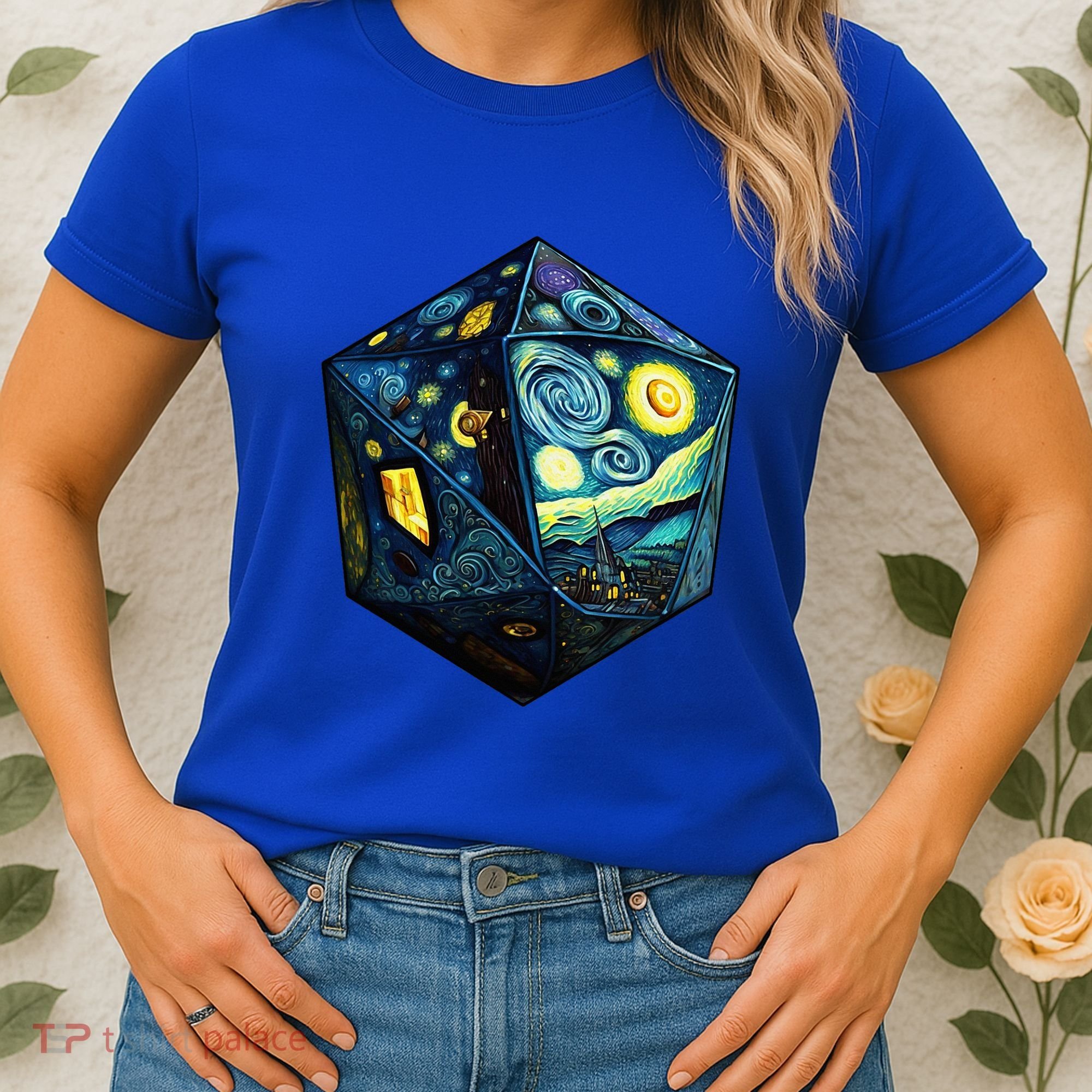 D20 Dice Art Van Gogh Starry Night Cool Realistic D20 Dice Women's T-Shirt
