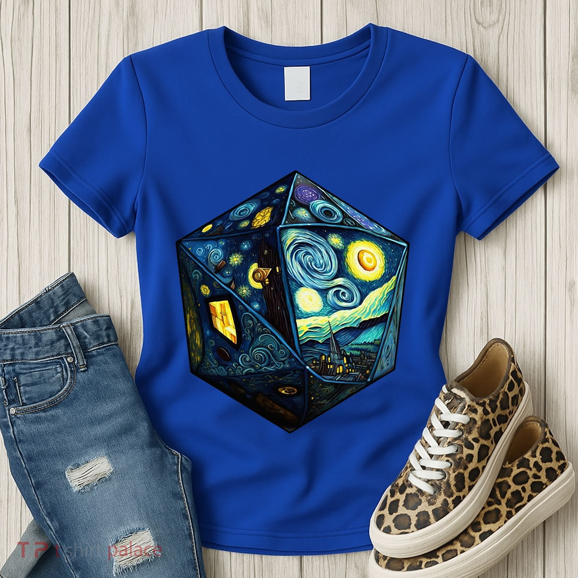 D20 Dice Art Van Gogh Starry Night Cool Realistic D20 Dice Women's T-Shirt