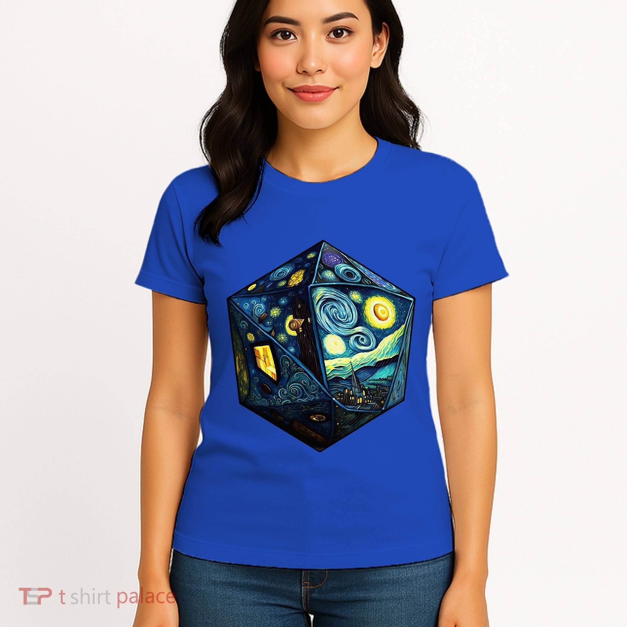 D20 Dice Art Van Gogh Starry Night Cool Realistic D20 Dice Women's T-Shirt