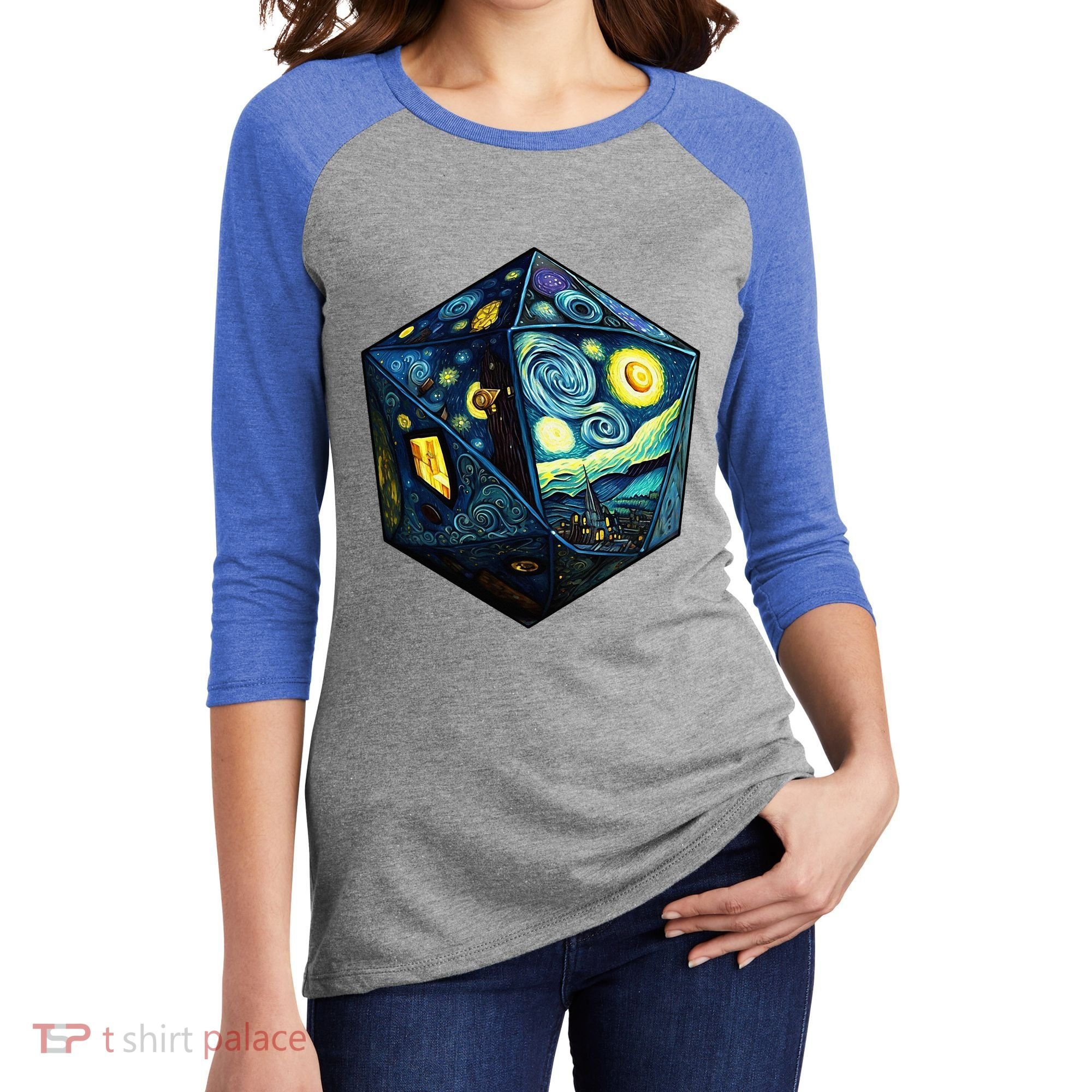D20 Dice Art Van Gogh Starry Night Cool Realistic D20 Dice Women's Tri-Blend 3/4-Sleeve Raglan Shirt