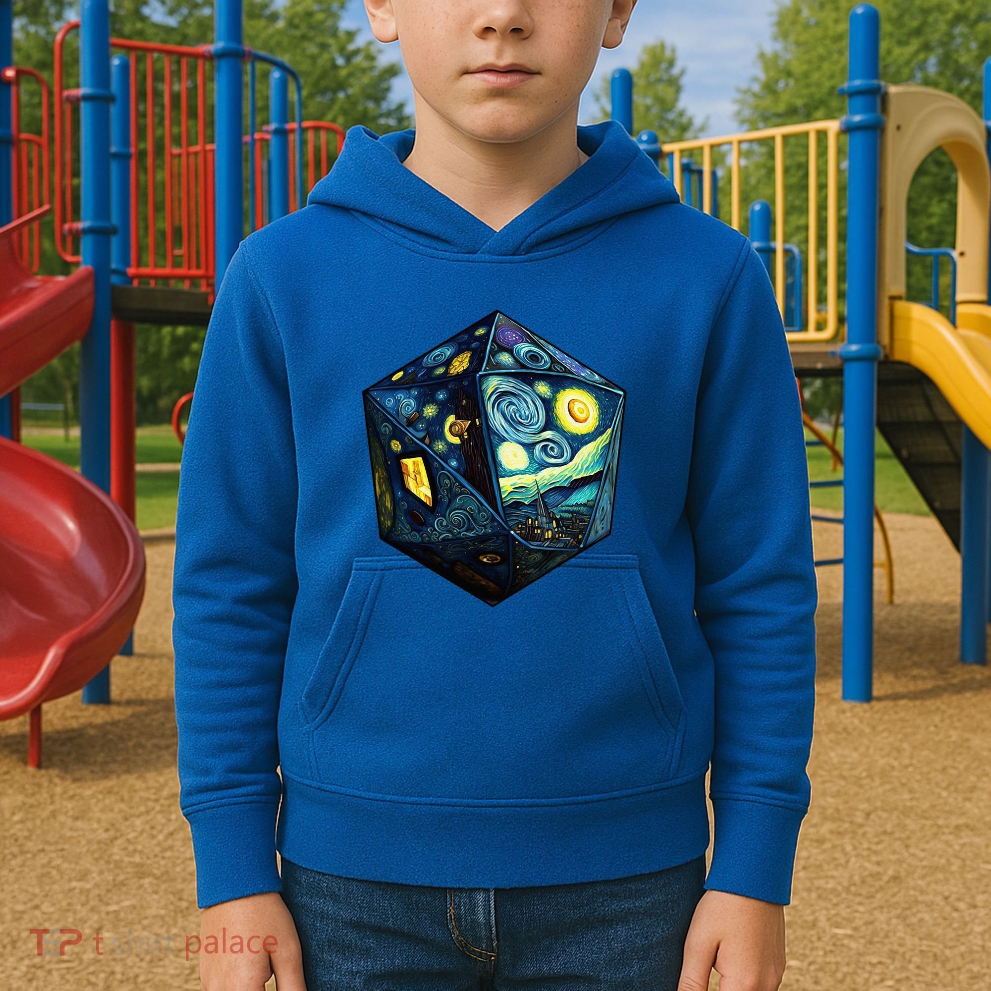 D20 Dice Art Van Gogh Starry Night Cool Realistic D20 Dice Kids Hoodie