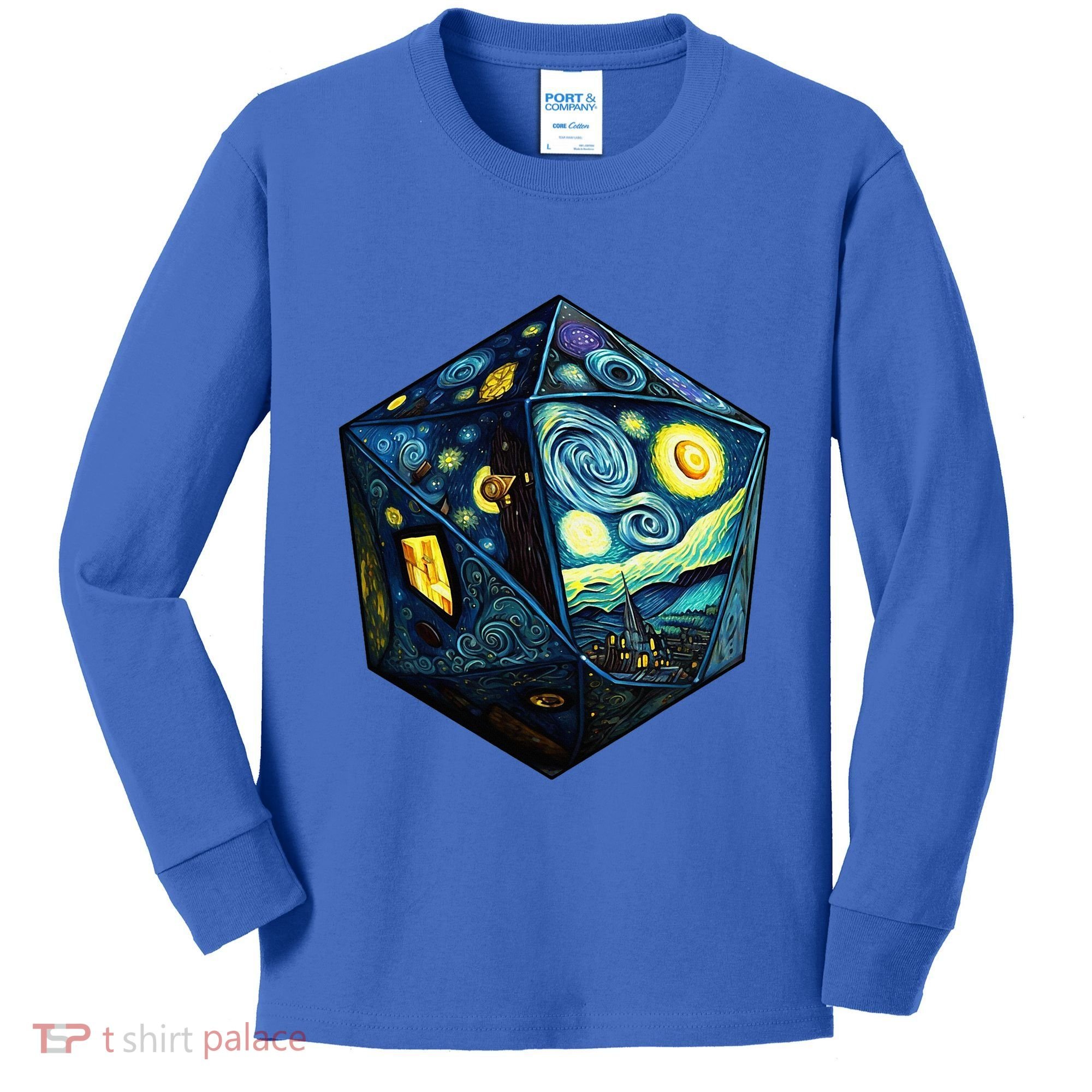 D20 Dice Art Van Gogh Starry Night Cool Realistic D20 Dice Kids Long Sleeve Shirt