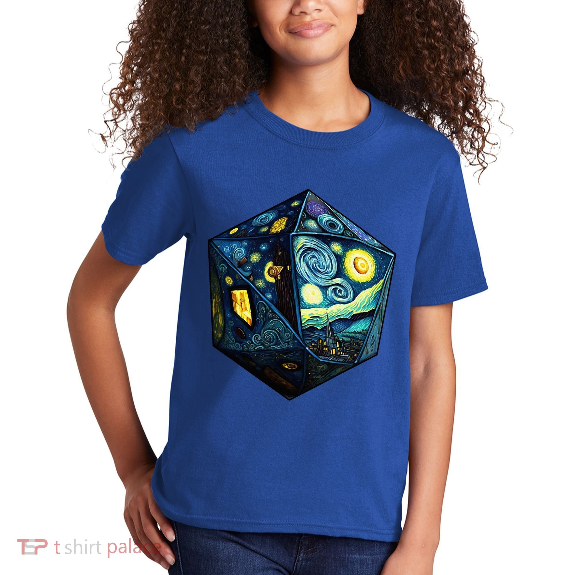 D20 Dice Art Van Gogh Starry Night Cool Realistic D20 Dice Kids T-Shirt