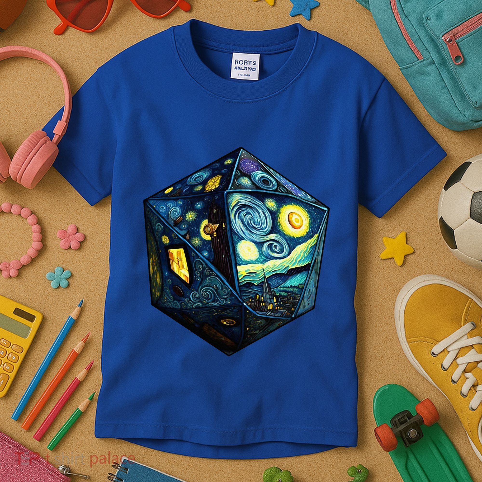 D20 Dice Art Van Gogh Starry Night Cool Realistic D20 Dice Kids T-Shirt