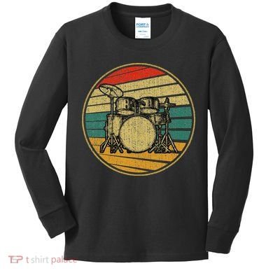 Drums Drummer Band Drumset Retro Vintage Drum Set 70s 80s Kids Long Sleeve Shirt