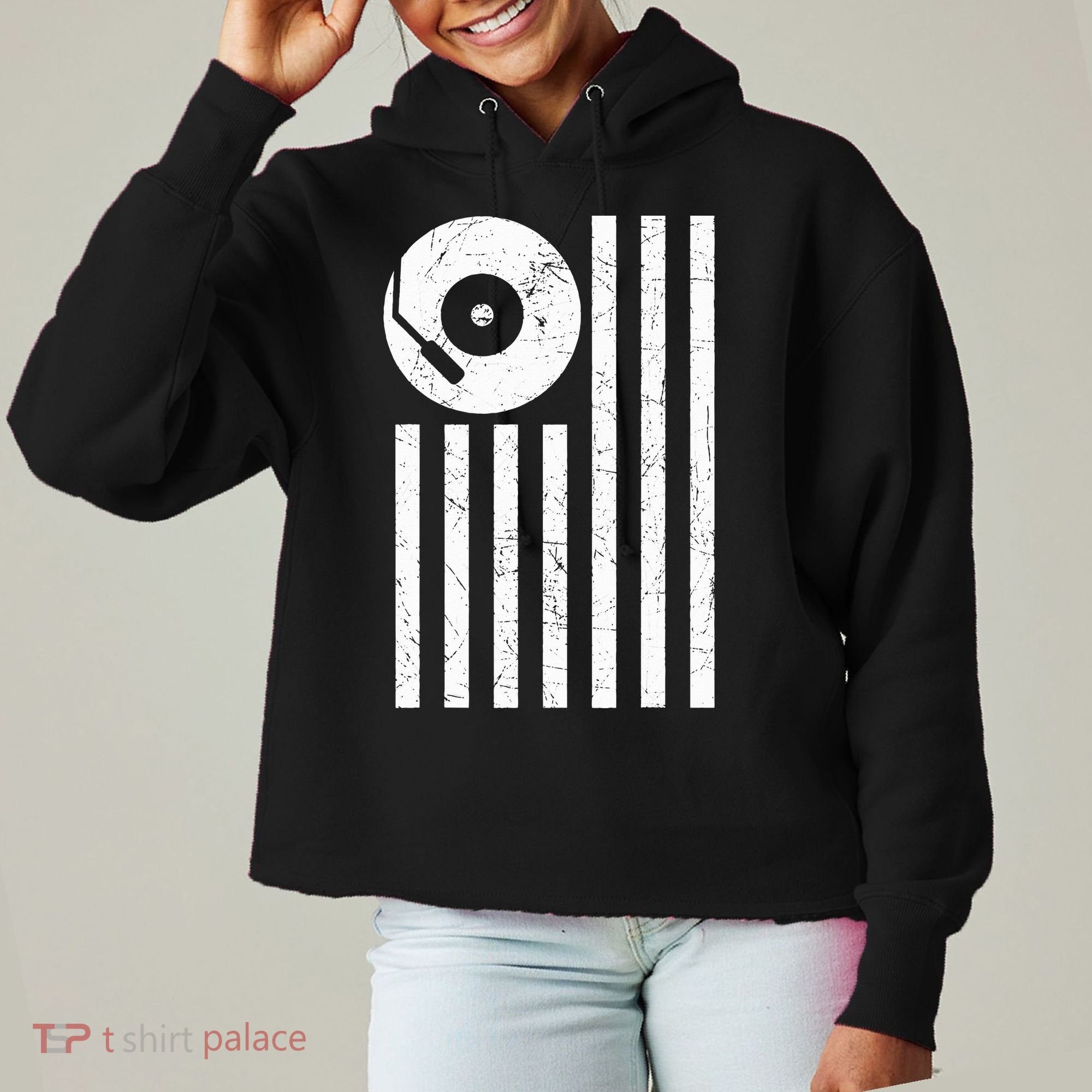 Dj Deejay Disk Jockey Turntable American Flag Djing  Ladies Heavyweight Boxy Pullover Hoodie