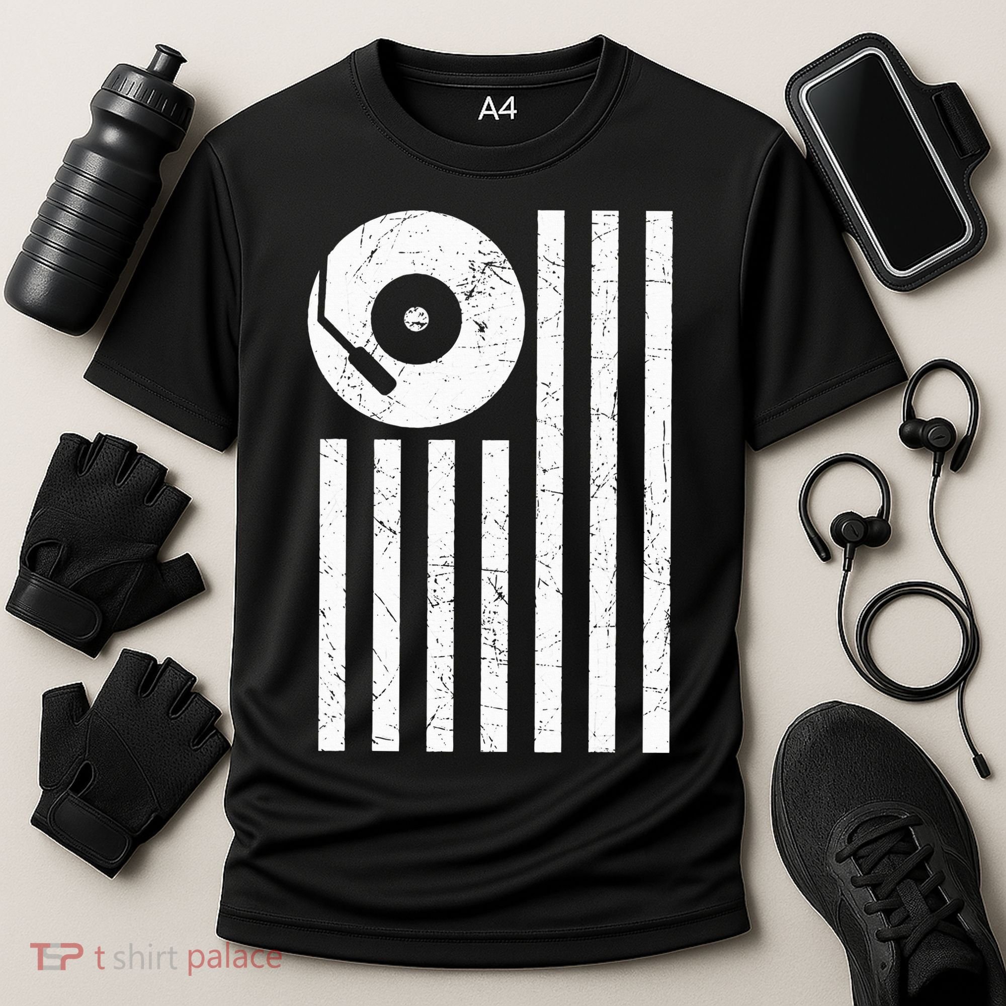 Dj Deejay Disk Jockey Turntable American Flag Djing  Cooling Performance Crew T-Shirt