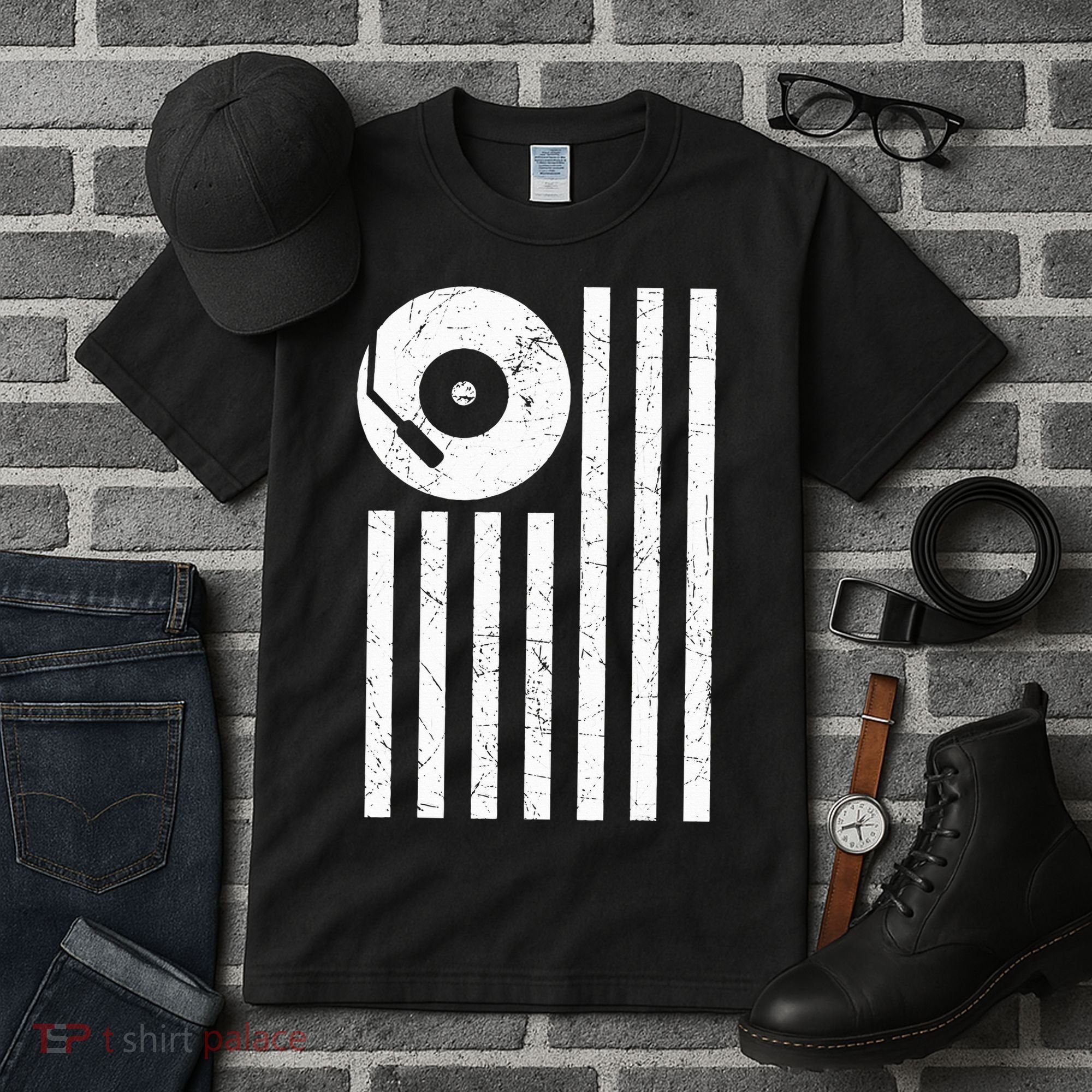 Dj Deejay Disk Jockey Turntable American Flag Djing  Tall T-Shirt