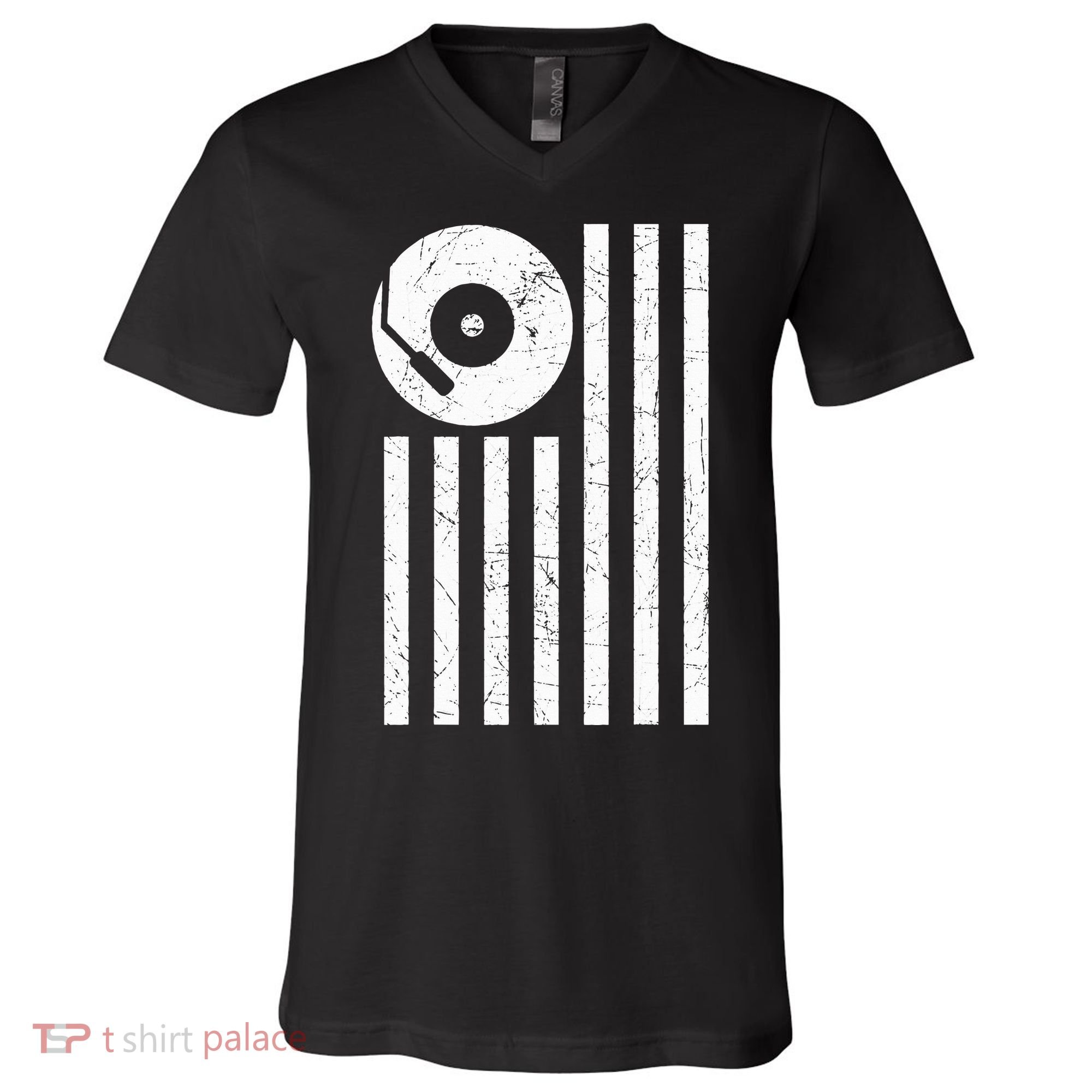 Dj Deejay Disk Jockey Turntable American Flag Djing  V-Neck T-Shirt