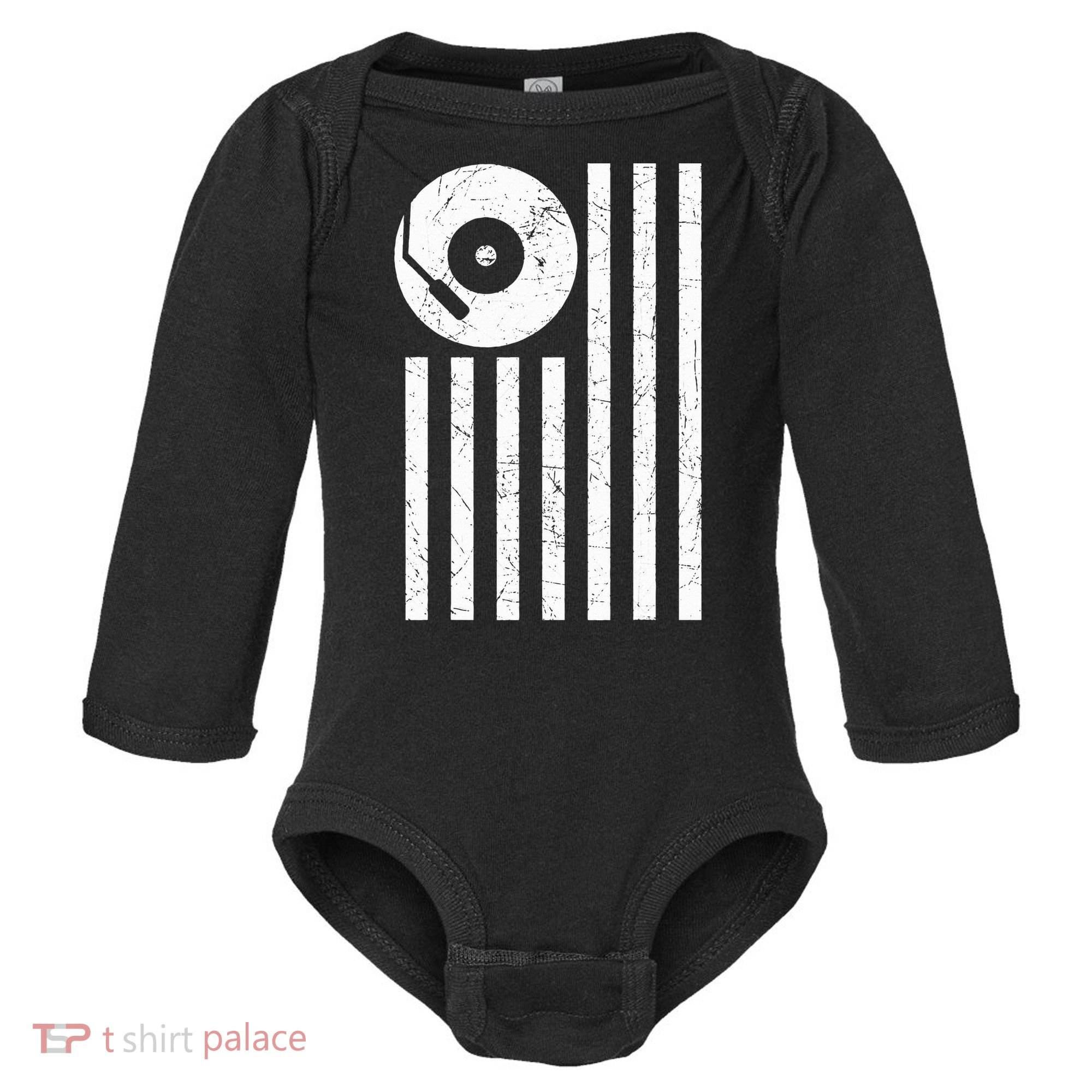 Dj Deejay Disk Jockey Turntable American Flag Djing  Baby Long Sleeve Bodysuit