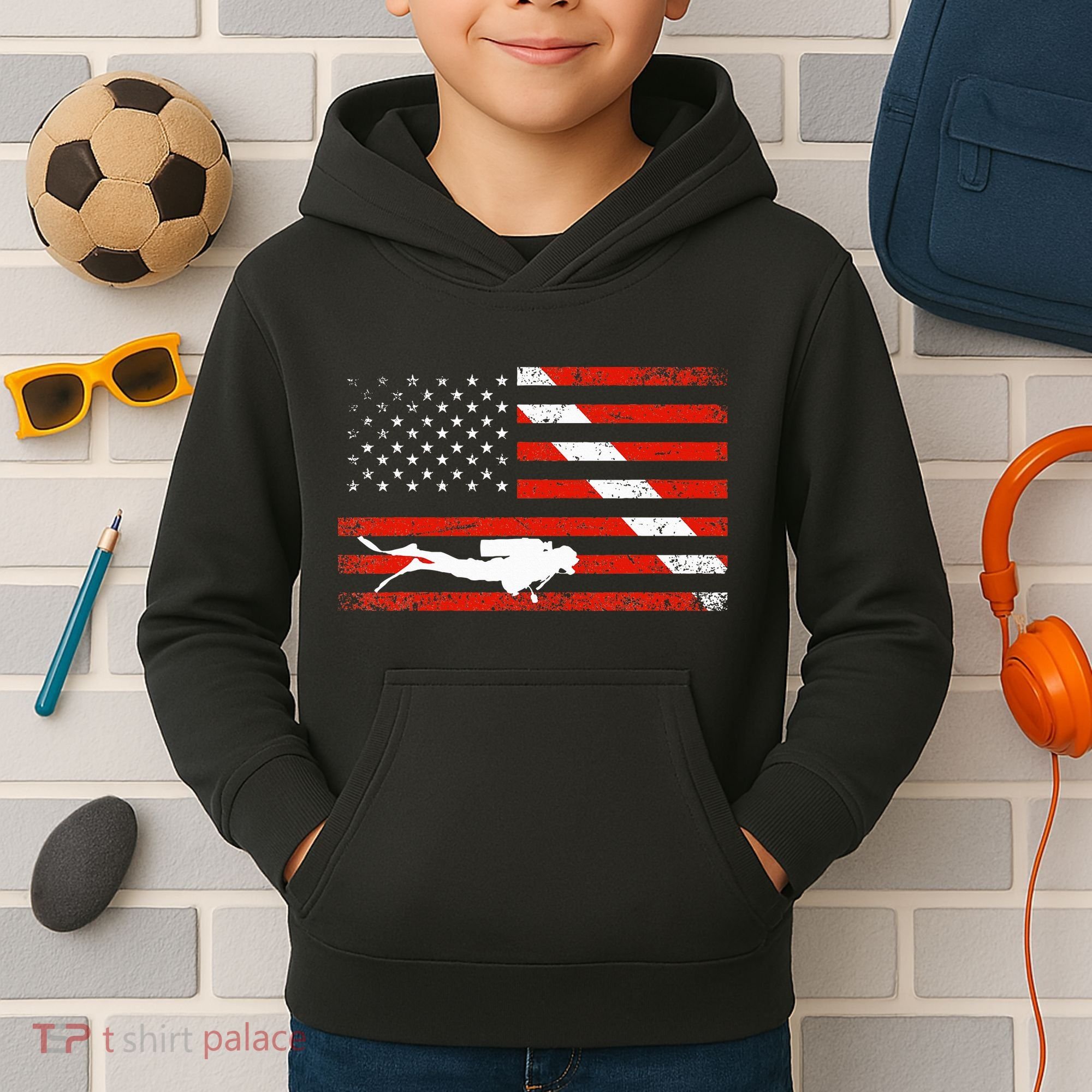 Diver Down Dive Flag Scuba Diving American Flag Kids Hoodie