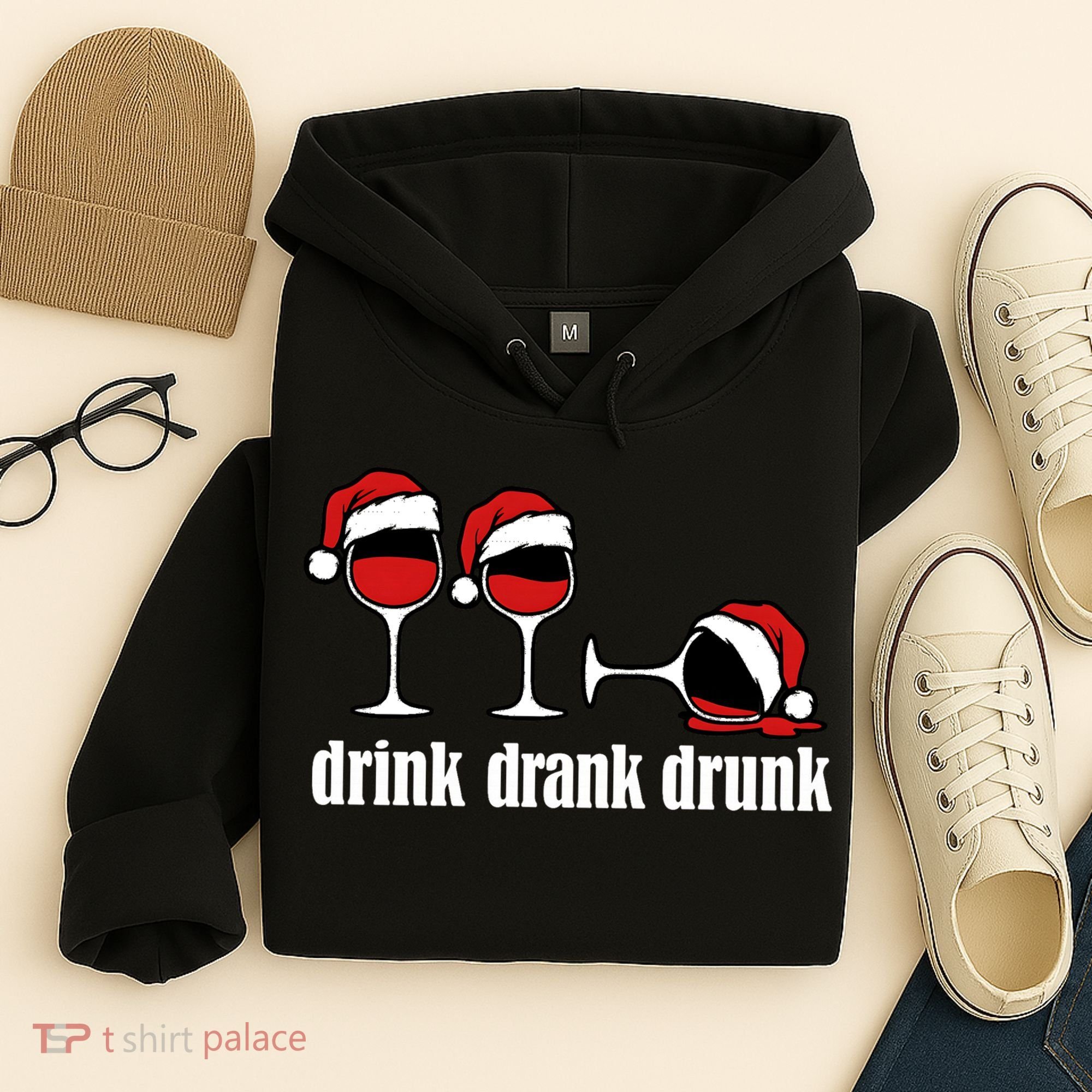 Drink Drank Drunk Funny Christmas Wine Grammar Hoodie