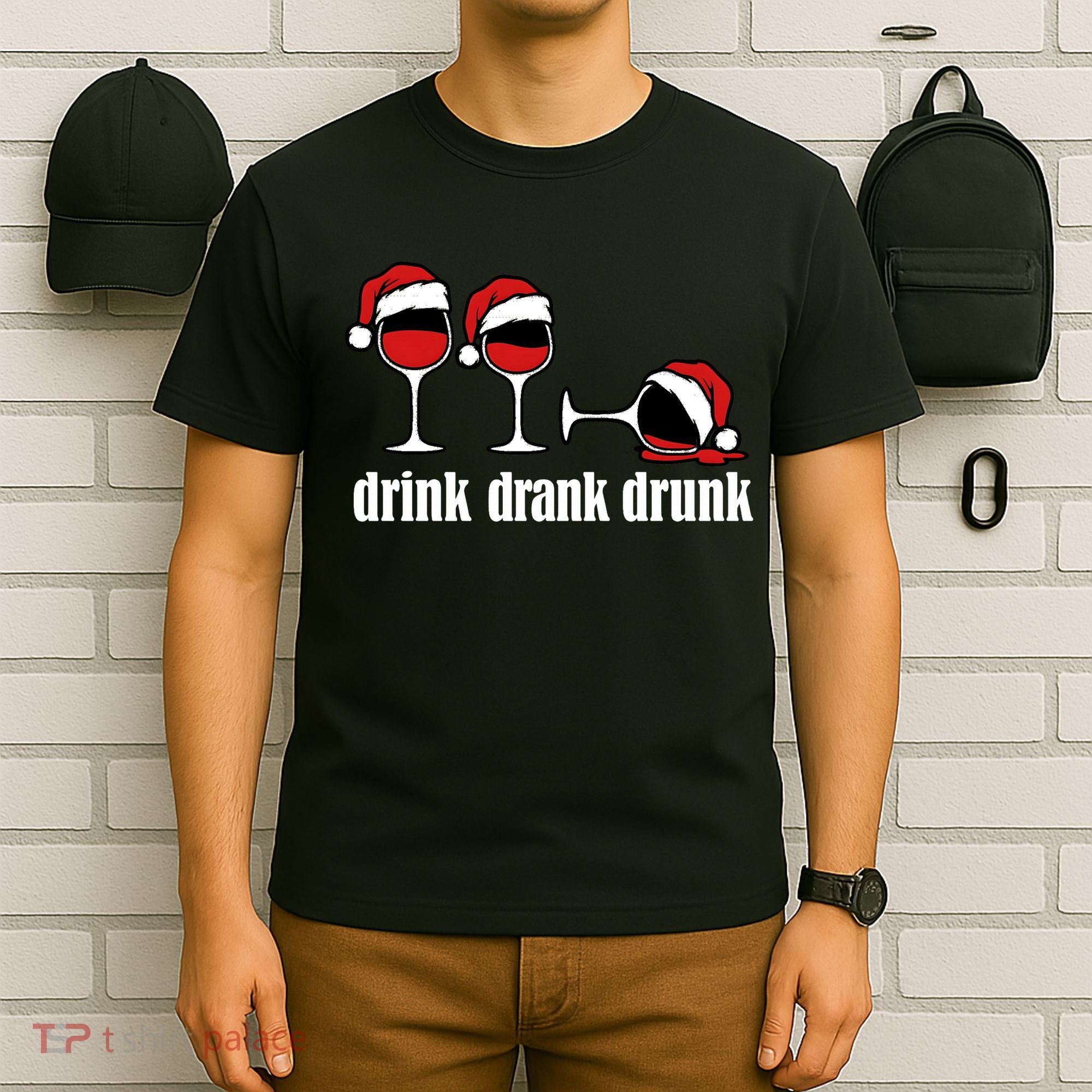 Drink Drank Drunk Funny Christmas Wine Grammar T-Shirt