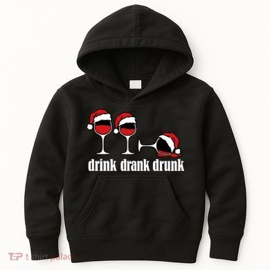 Drink Drank Drunk Funny Christmas Wine Grammar Kids Hoodie