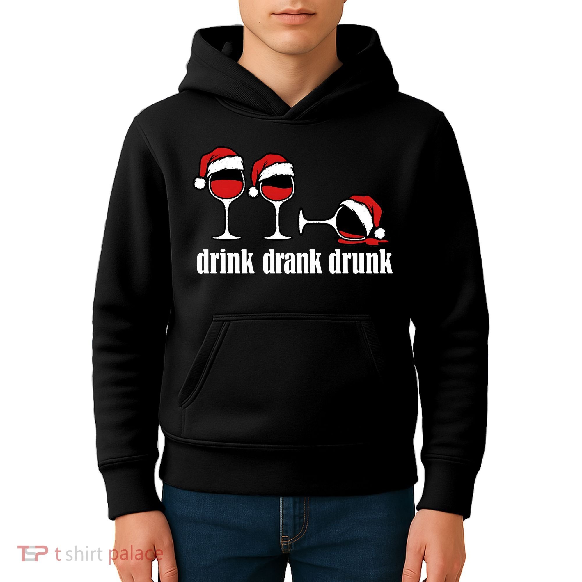 Drink Drank Drunk Funny Christmas Wine Grammar Kids Hoodie