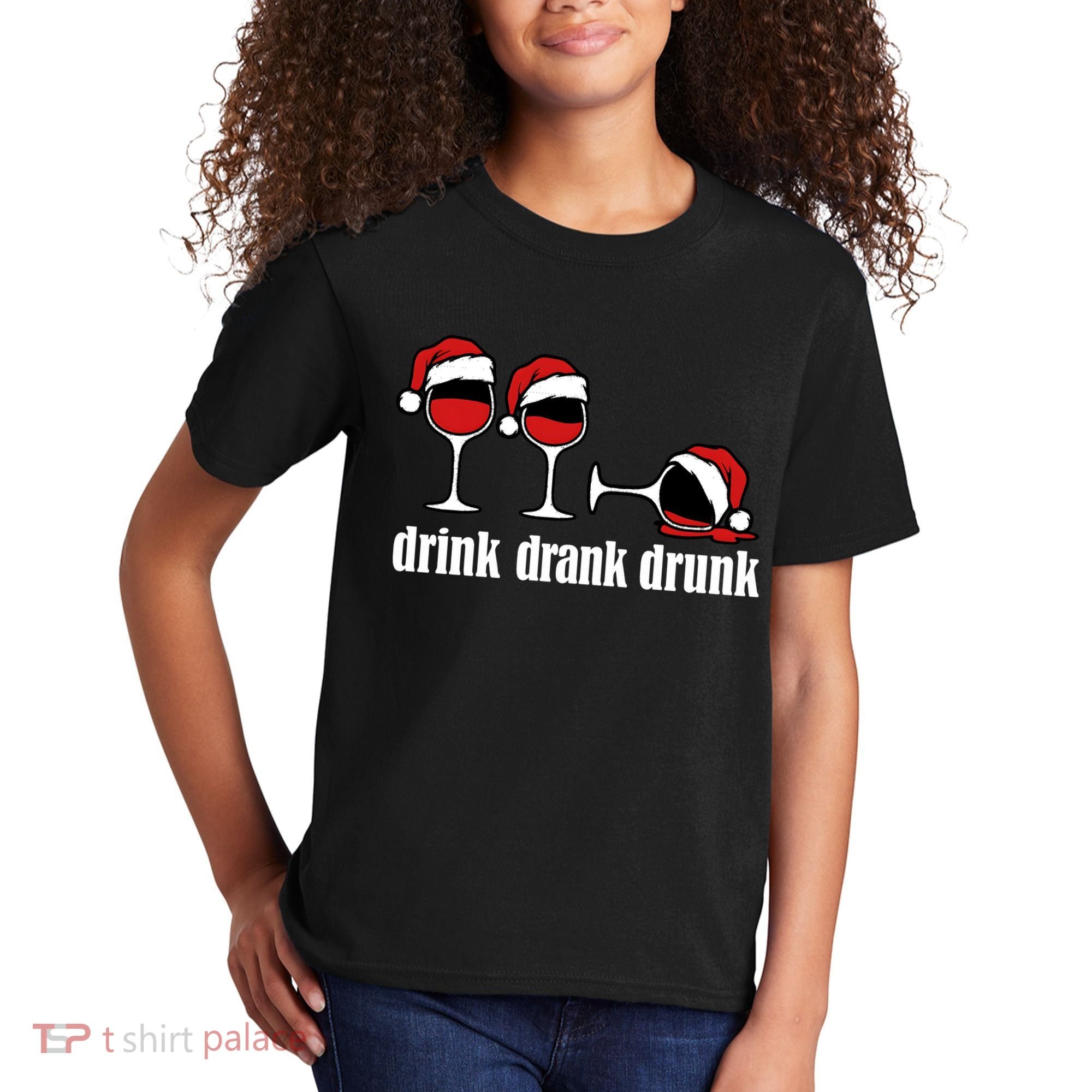 Drink Drank Drunk Funny Christmas Wine Grammar Kids T-Shirt
