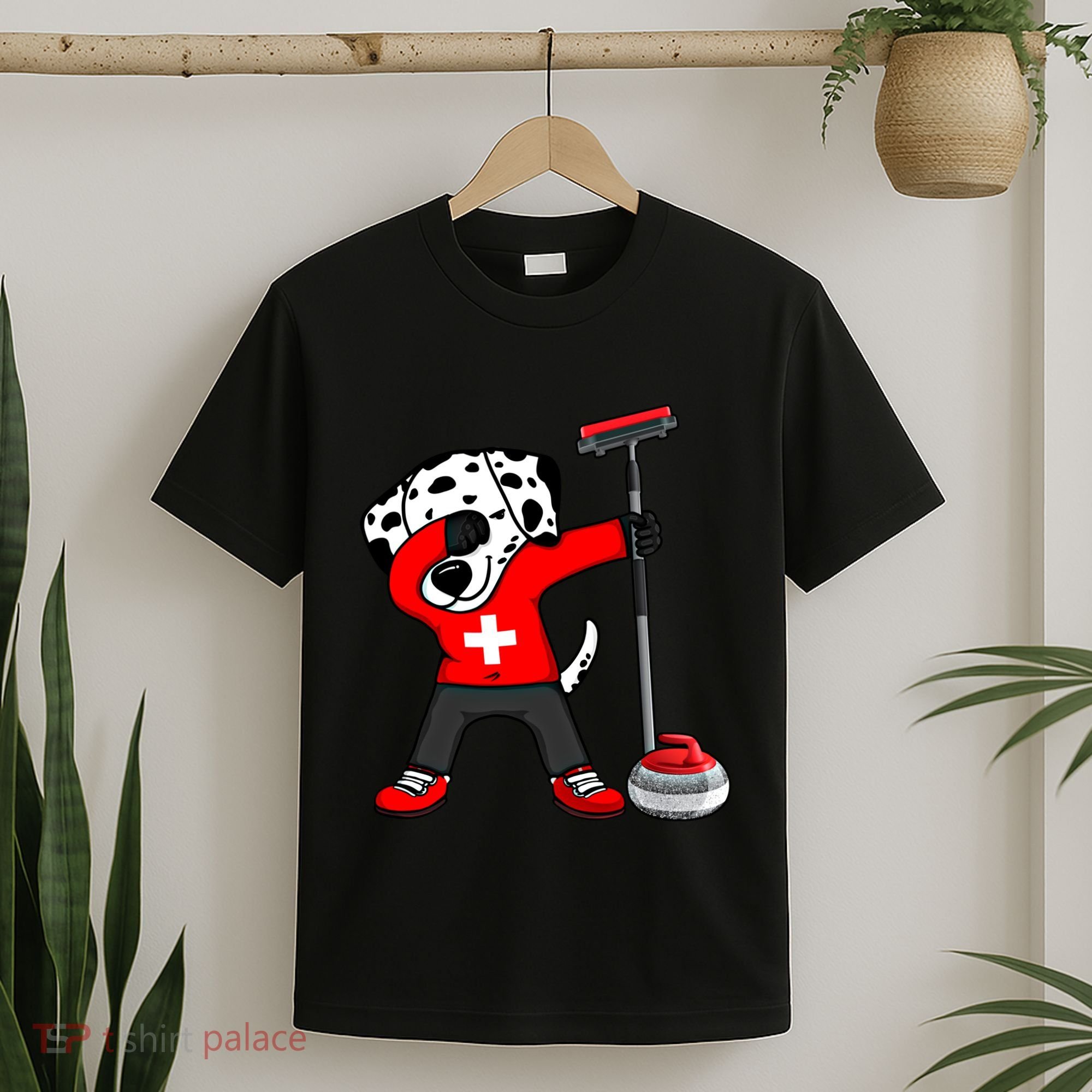 Dabbing Dalmatian Dog Switzerland Curling Fans Jersey Sports Gift T-Shirt