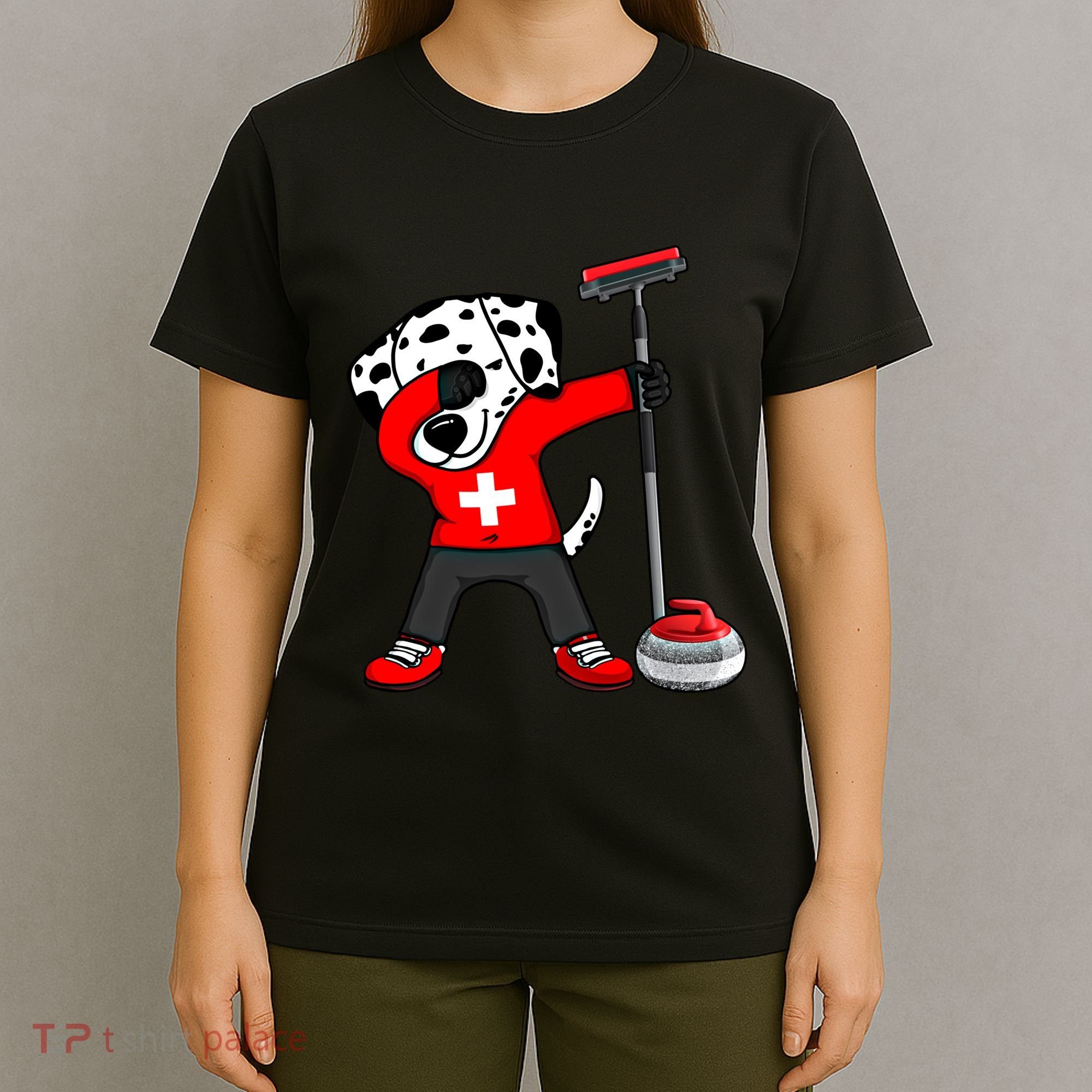 Dabbing Dalmatian Dog Switzerland Curling Fans Jersey Sports Gift T-Shirt