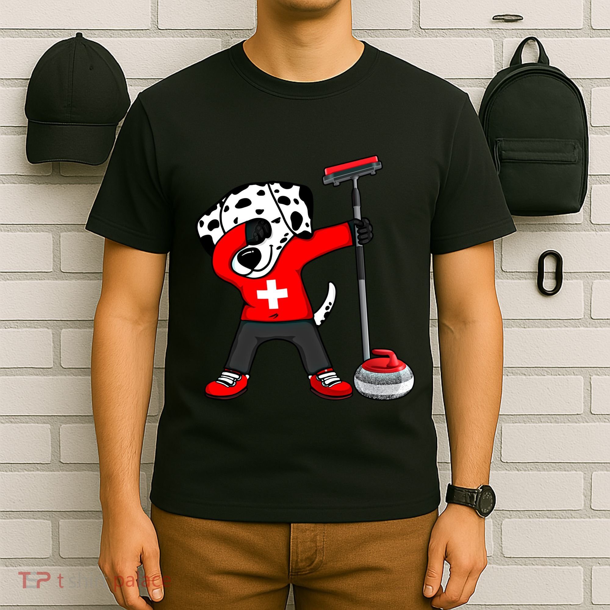Dabbing Dalmatian Dog Switzerland Curling Fans Jersey Sports Gift T-Shirt