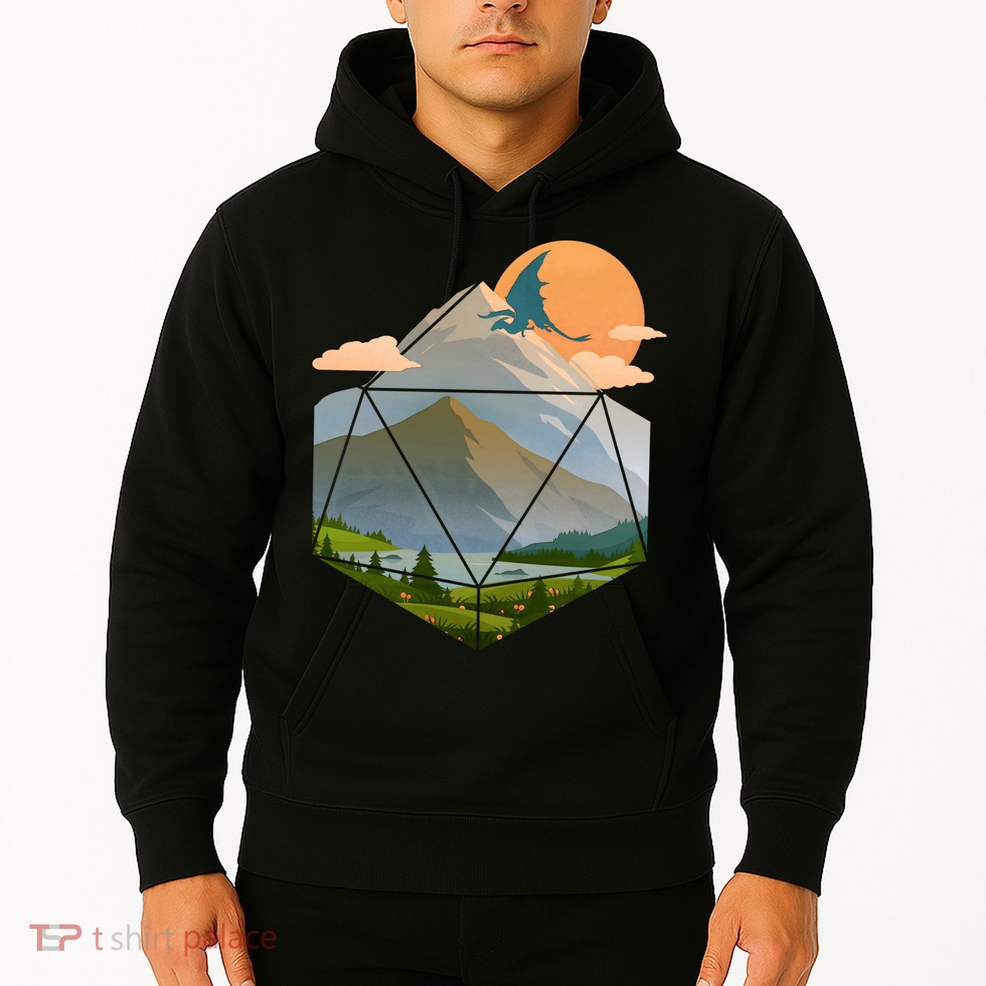 Dungeons Dragons DnD D20 Dice Mountain Nature Scene Hoodie