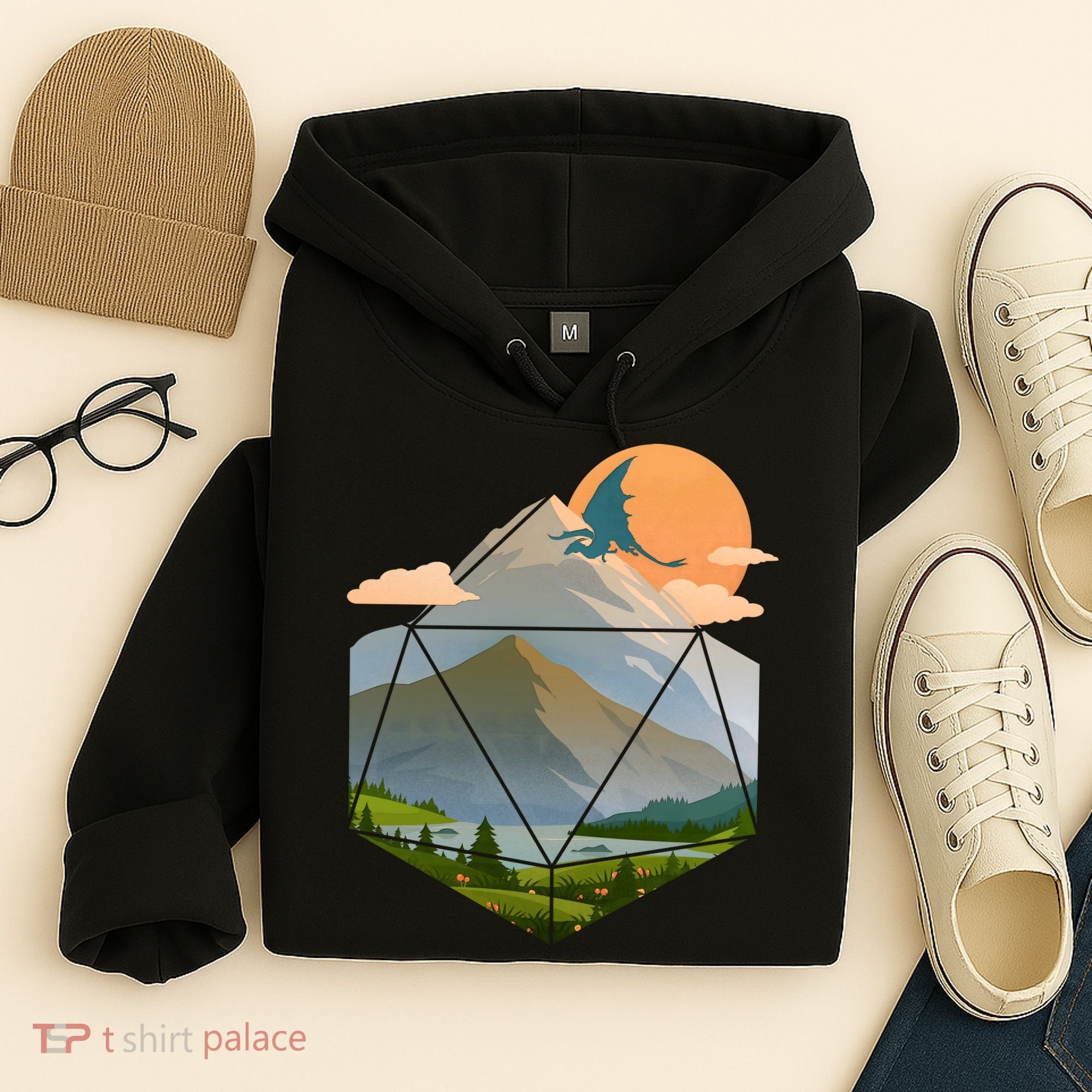 Dungeons Dragons DnD D20 Dice Mountain Nature Scene Hoodie
