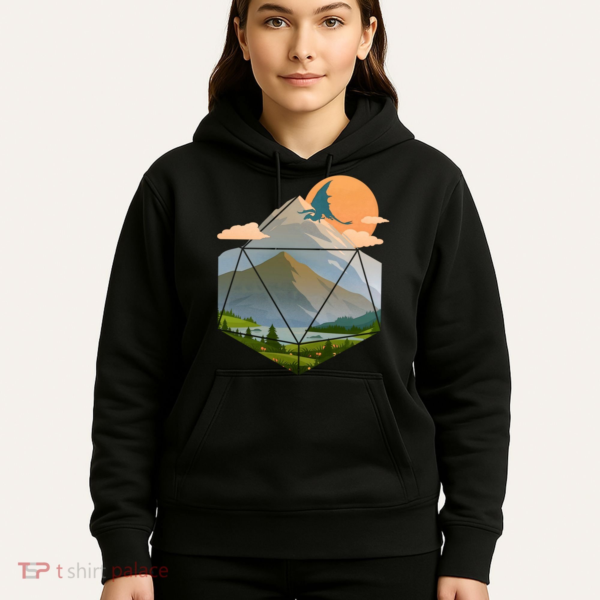 Dungeons Dragons DnD D20 Dice Mountain Nature Scene Hoodie