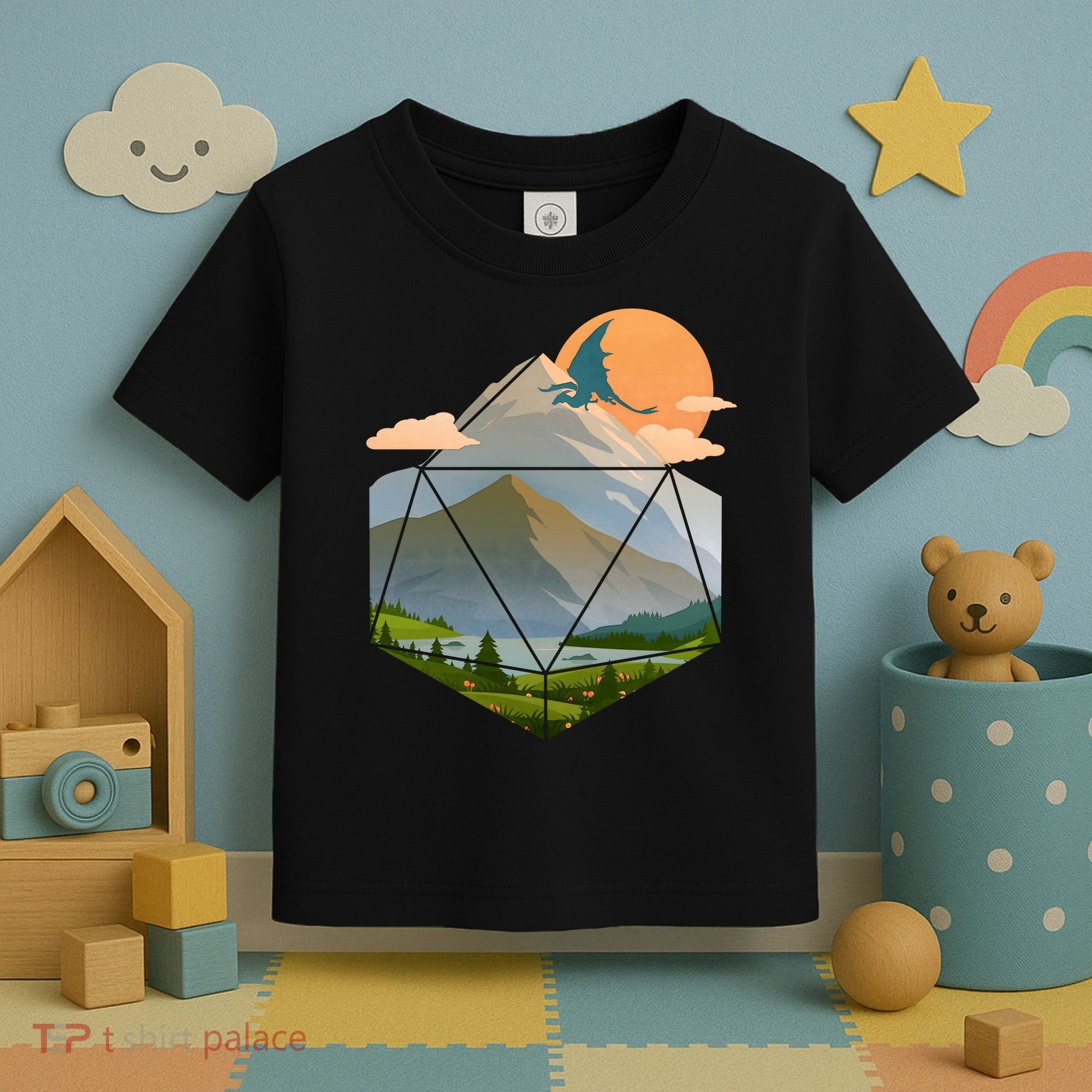 Dungeons Dragons DnD D20 Dice Mountain Nature Scene Toddler T-Shirt