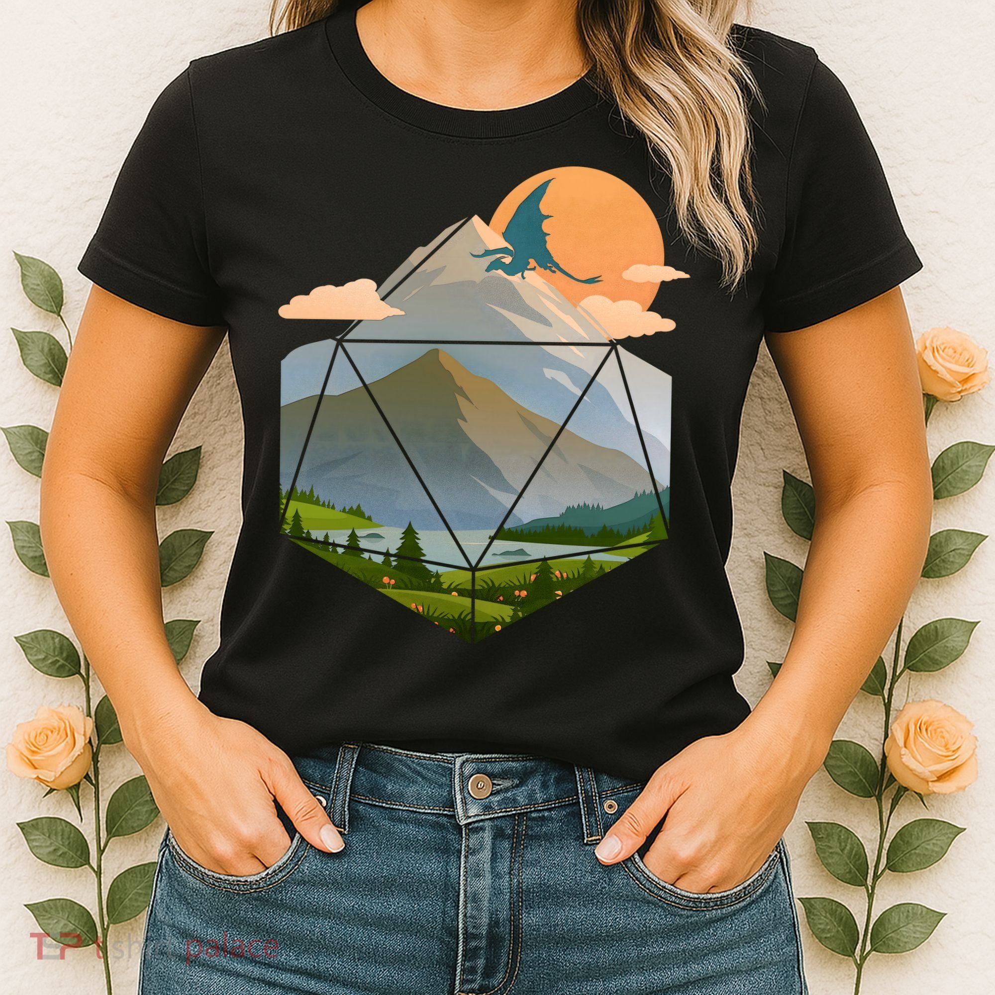 Dungeons Dragons DnD D20 Dice Mountain Nature Scene Women's T-Shirt