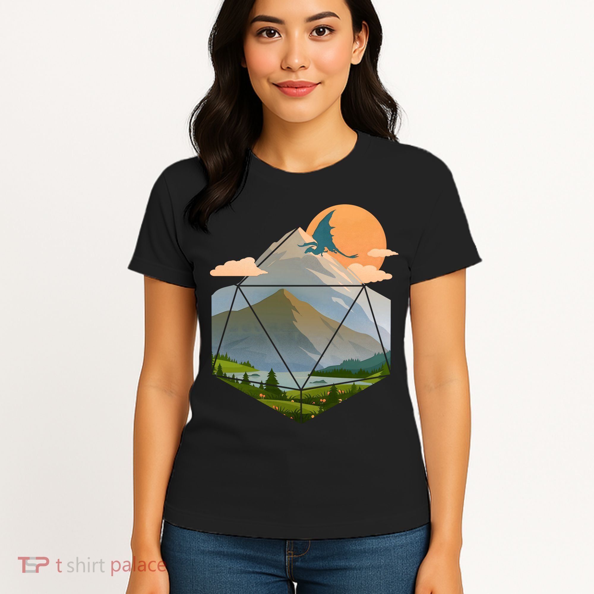 Dungeons Dragons DnD D20 Dice Mountain Nature Scene Women's T-Shirt