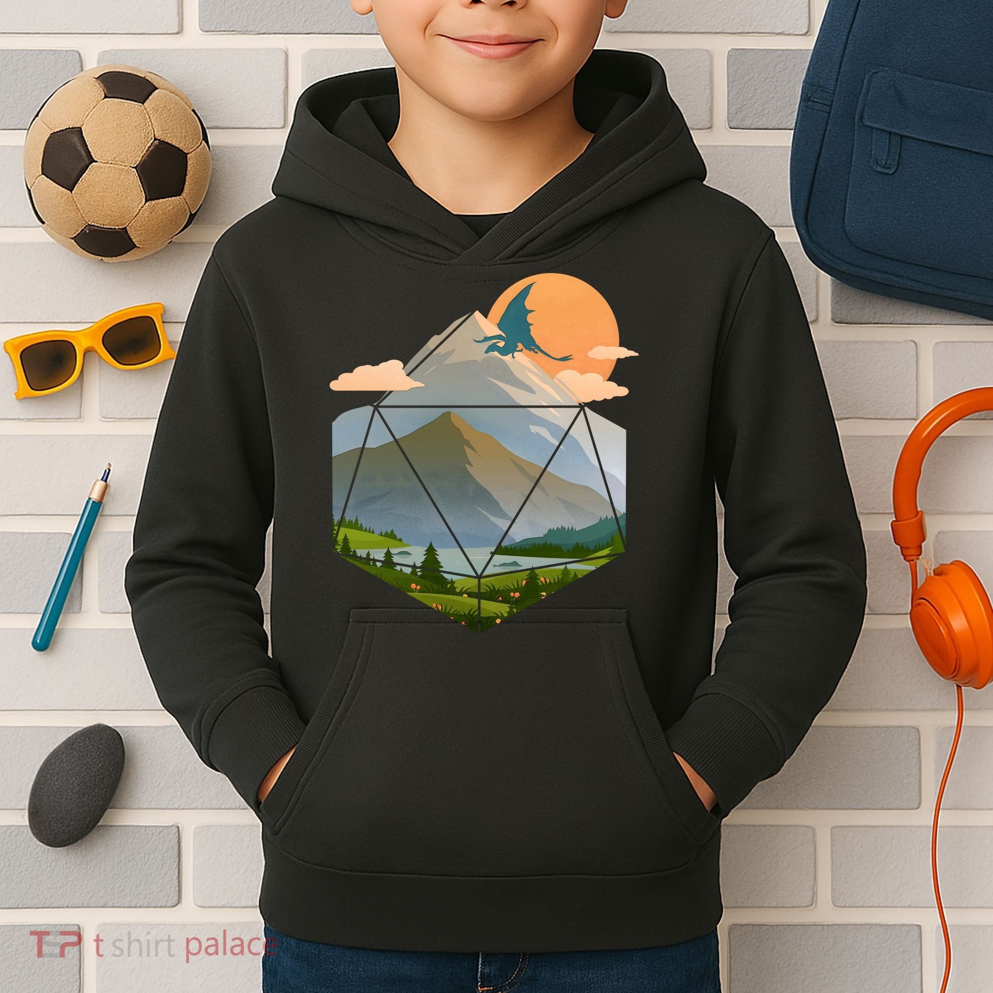 Dungeons Dragons DnD D20 Dice Mountain Nature Scene Kids Hoodie