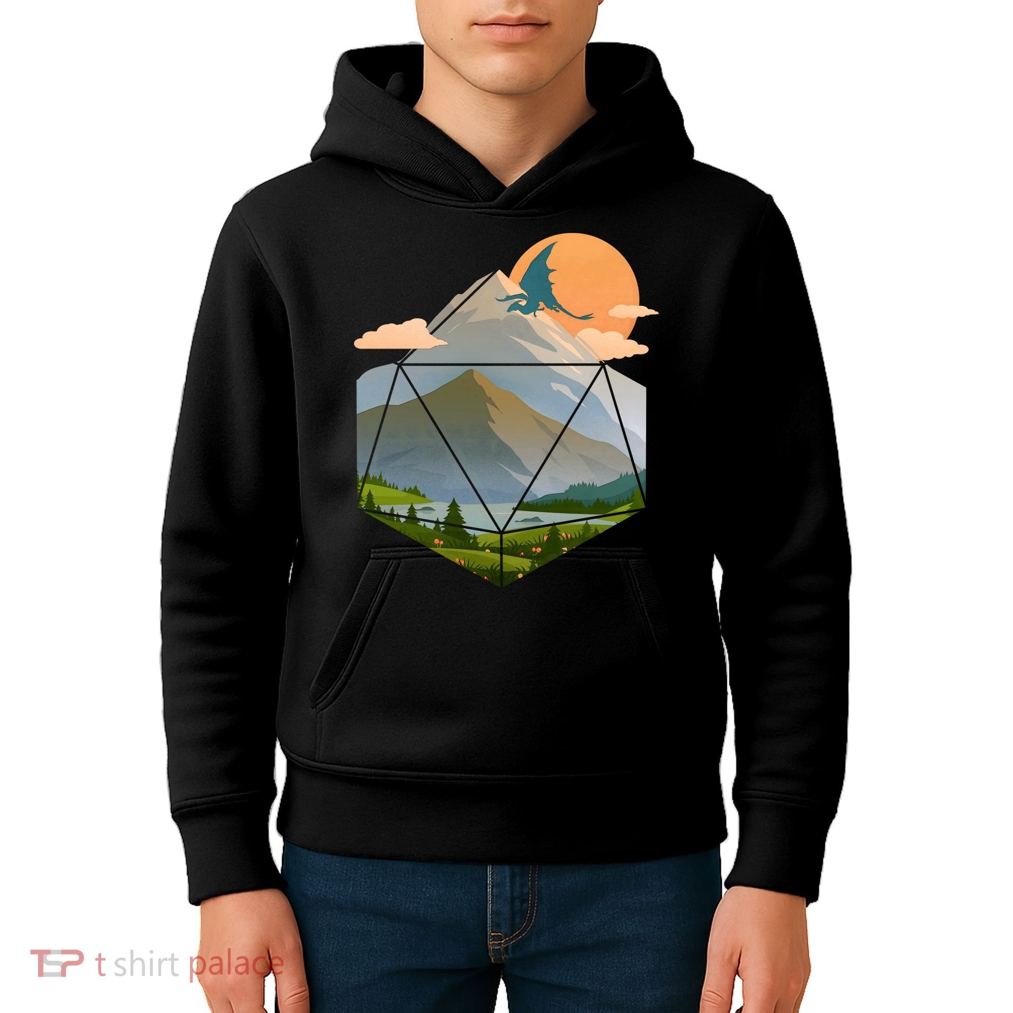 Dungeons Dragons DnD D20 Dice Mountain Nature Scene Kids Hoodie