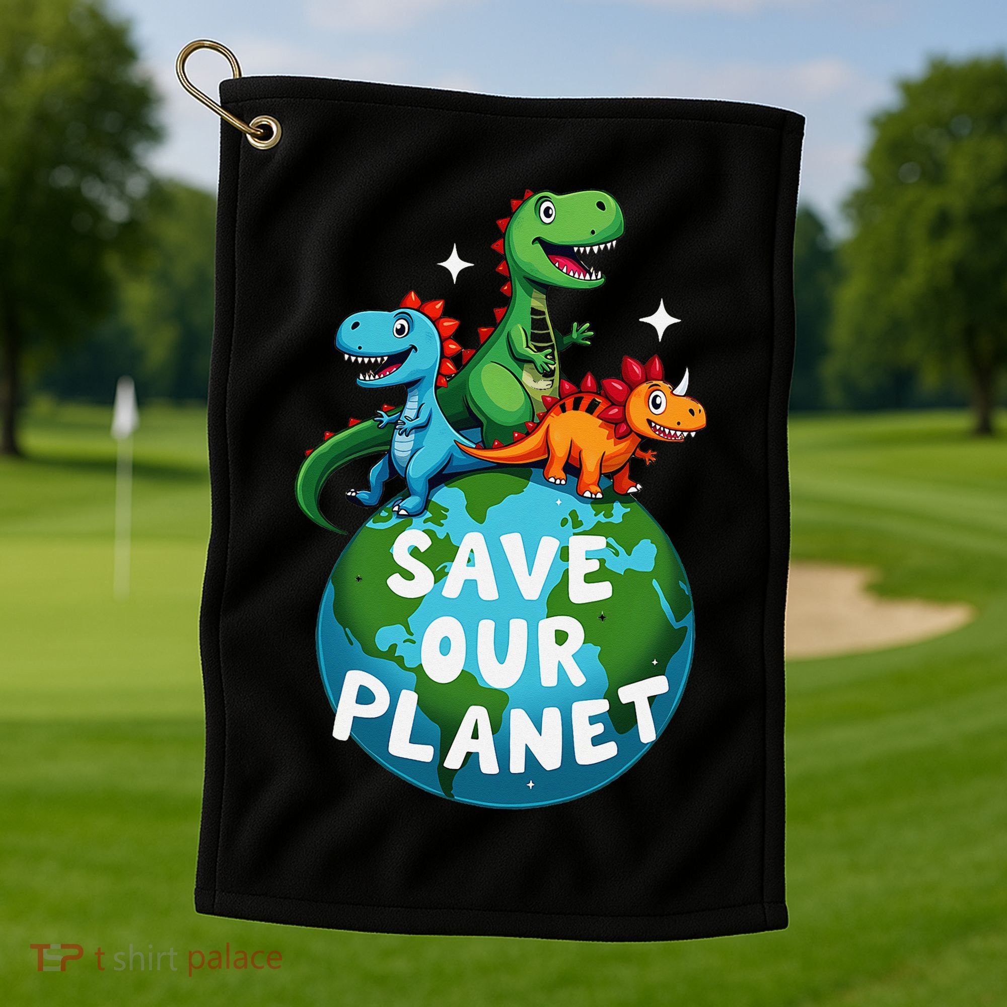 Determined Dino Earth Save Our Planet Golf Towel