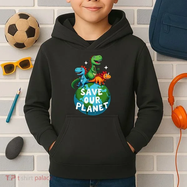 Determined Dino Earth Save Our Planet Kids Hoodie