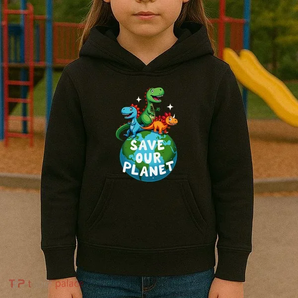Determined Dino Earth Save Our Planet Kids Hoodie