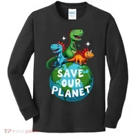 Determined Dino Earth Save Our Planet Kids Long Sleeve Shirt thumb 0