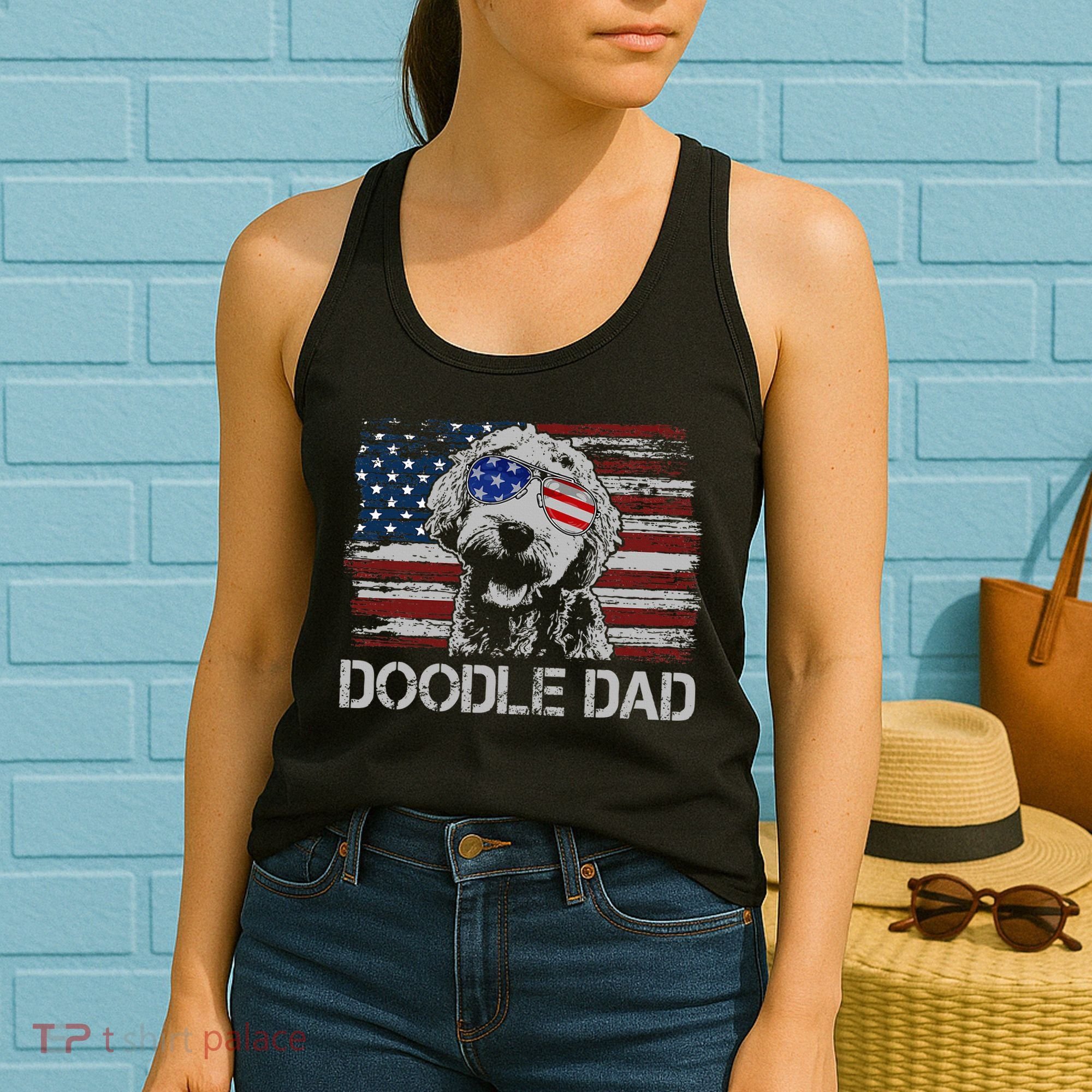 Doodle Dad Goldendoodle Dog American Flag 4th Of July Women's Tank Top