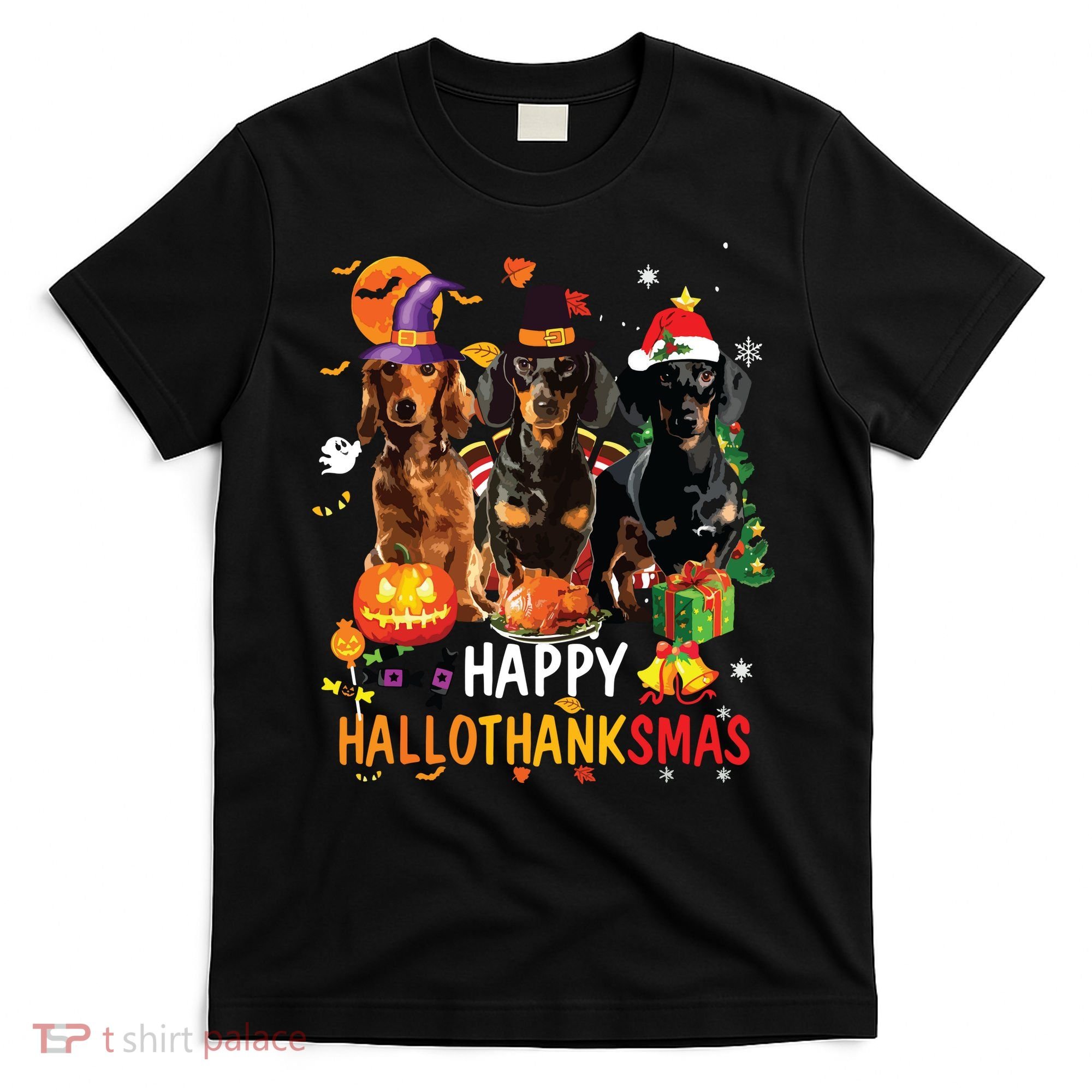 Dachshund Dog Halloween Merry Christmas Happy Hallothanksmas T-Shirt