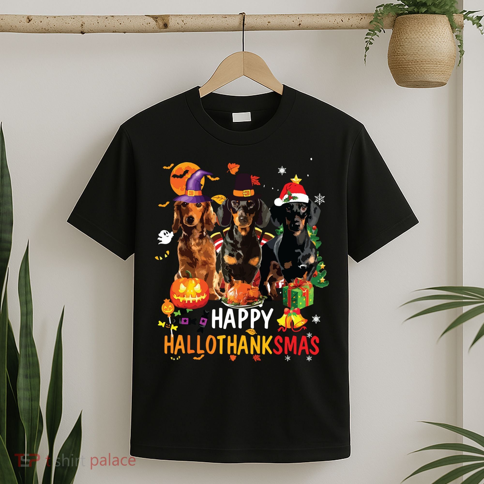 Dachshund Dog Halloween Merry Christmas Happy Hallothanksmas T-Shirt