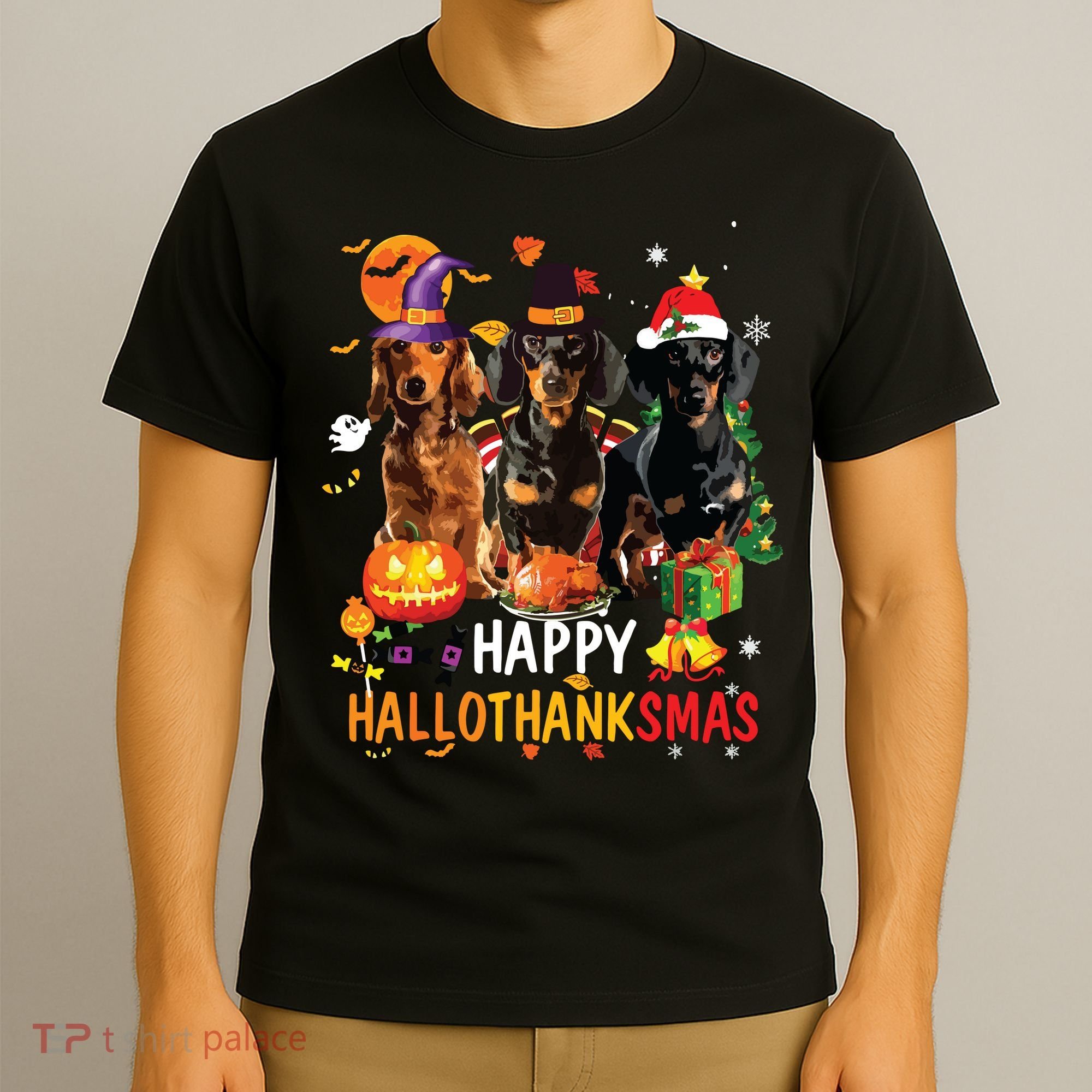 Dachshund Dog Halloween Merry Christmas Happy Hallothanksmas T-Shirt