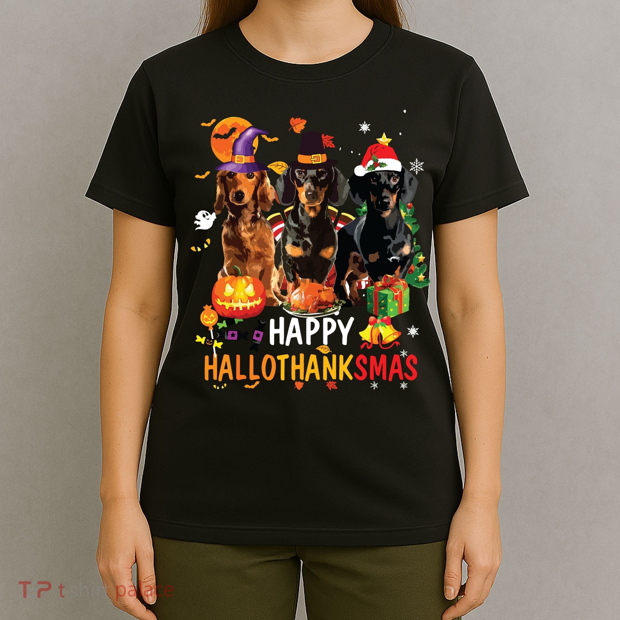 Dachshund Dog Halloween Merry Christmas Happy Hallothanksmas T-Shirt