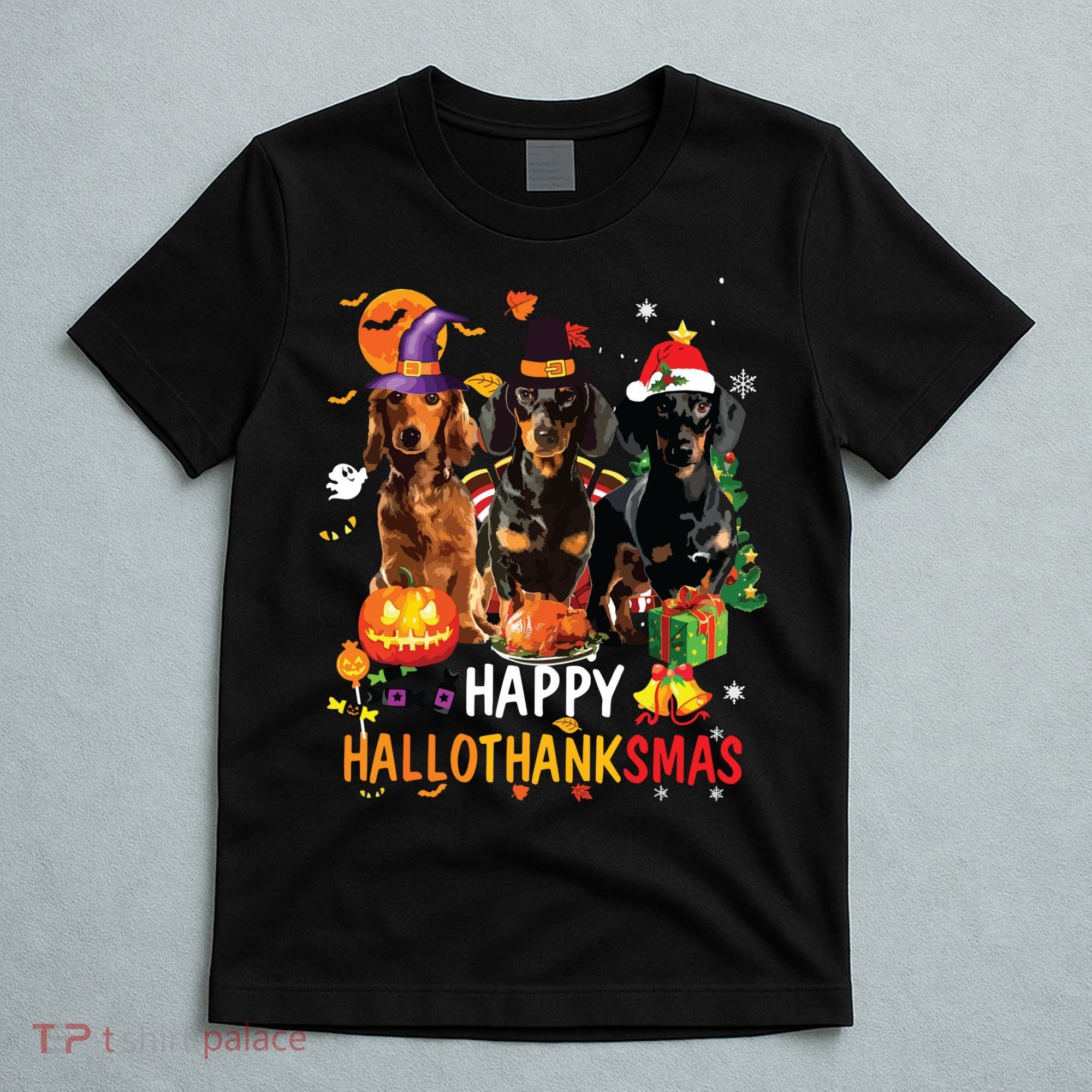 Dachshund Dog Halloween Merry Christmas Happy Hallothanksmas T-Shirt