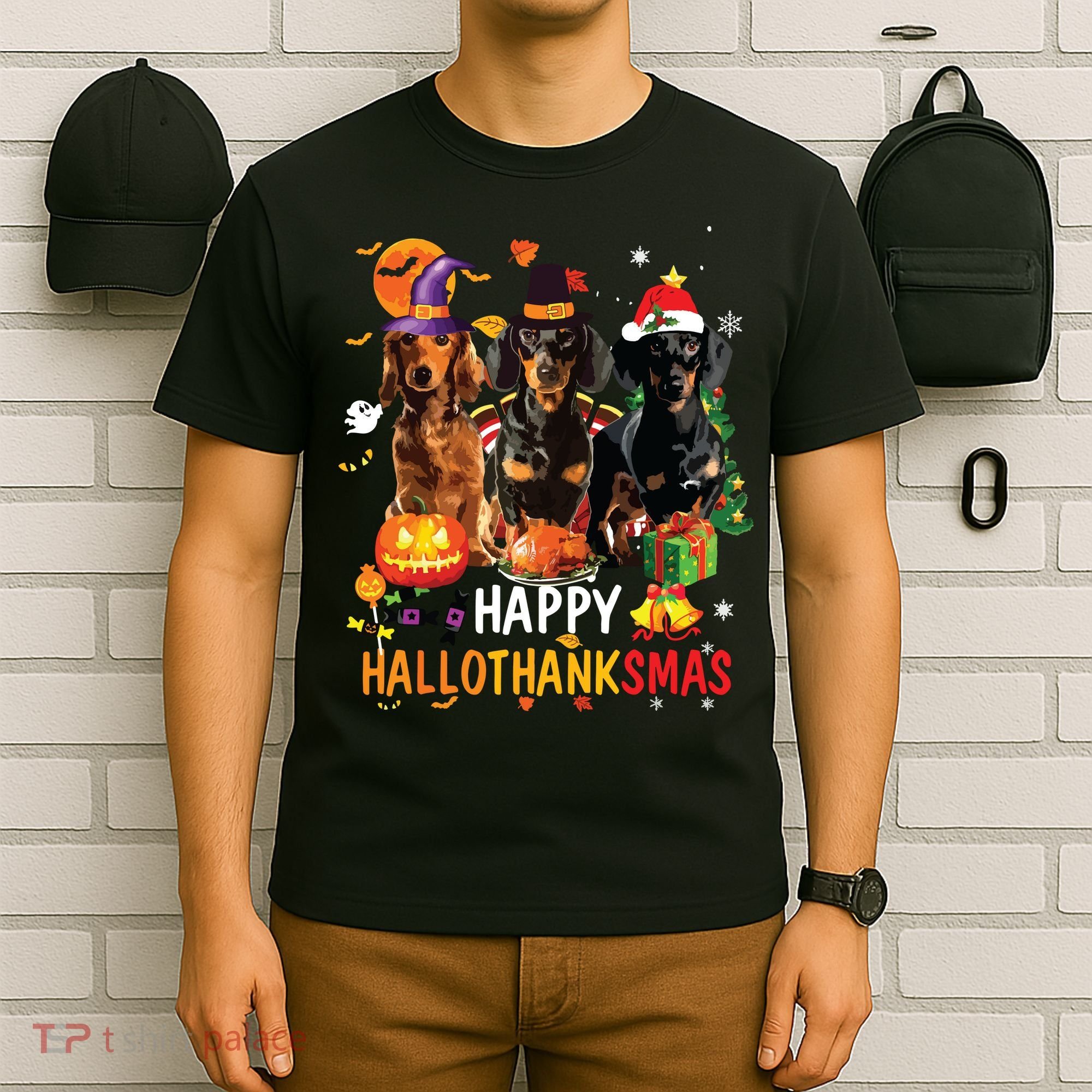 Dachshund Dog Halloween Merry Christmas Happy Hallothanksmas T-Shirt