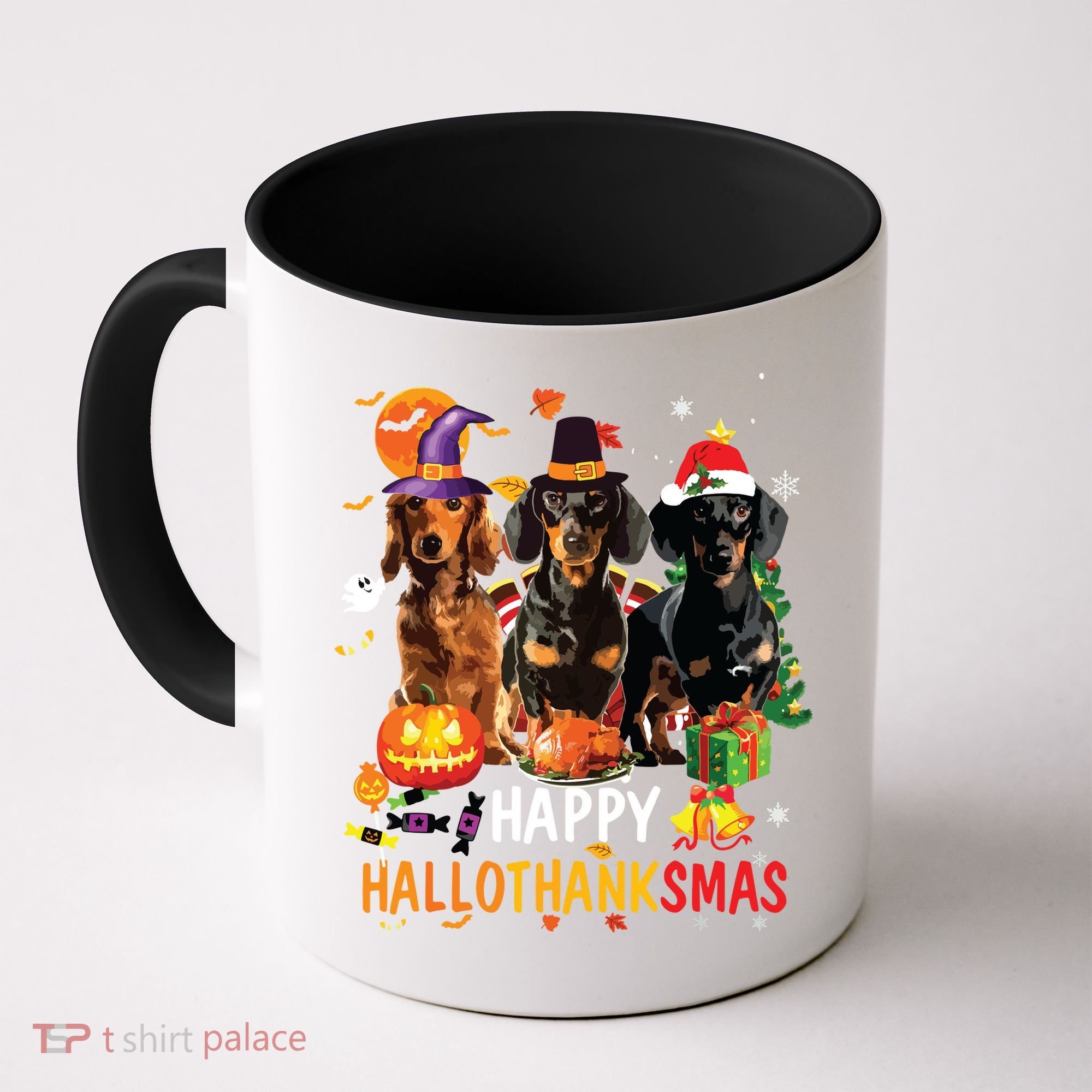 Dachshund Dog Halloween Merry Christmas Happy Hallothanksmas Coffee Mug