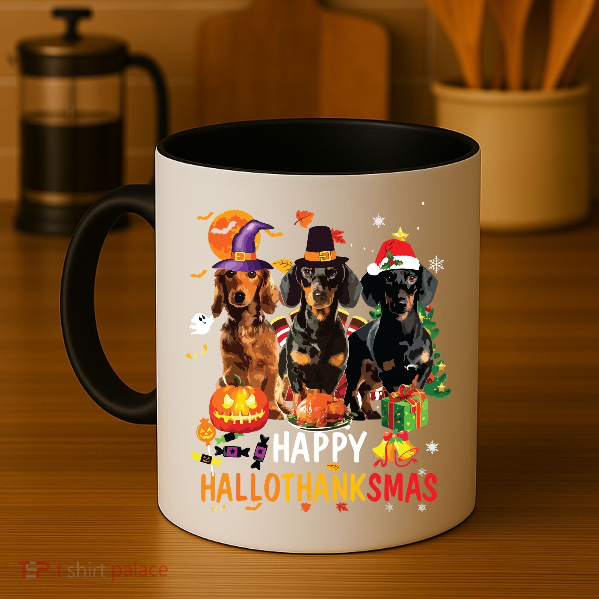Dachshund Dog Halloween Merry Christmas Happy Hallothanksmas Coffee Mug