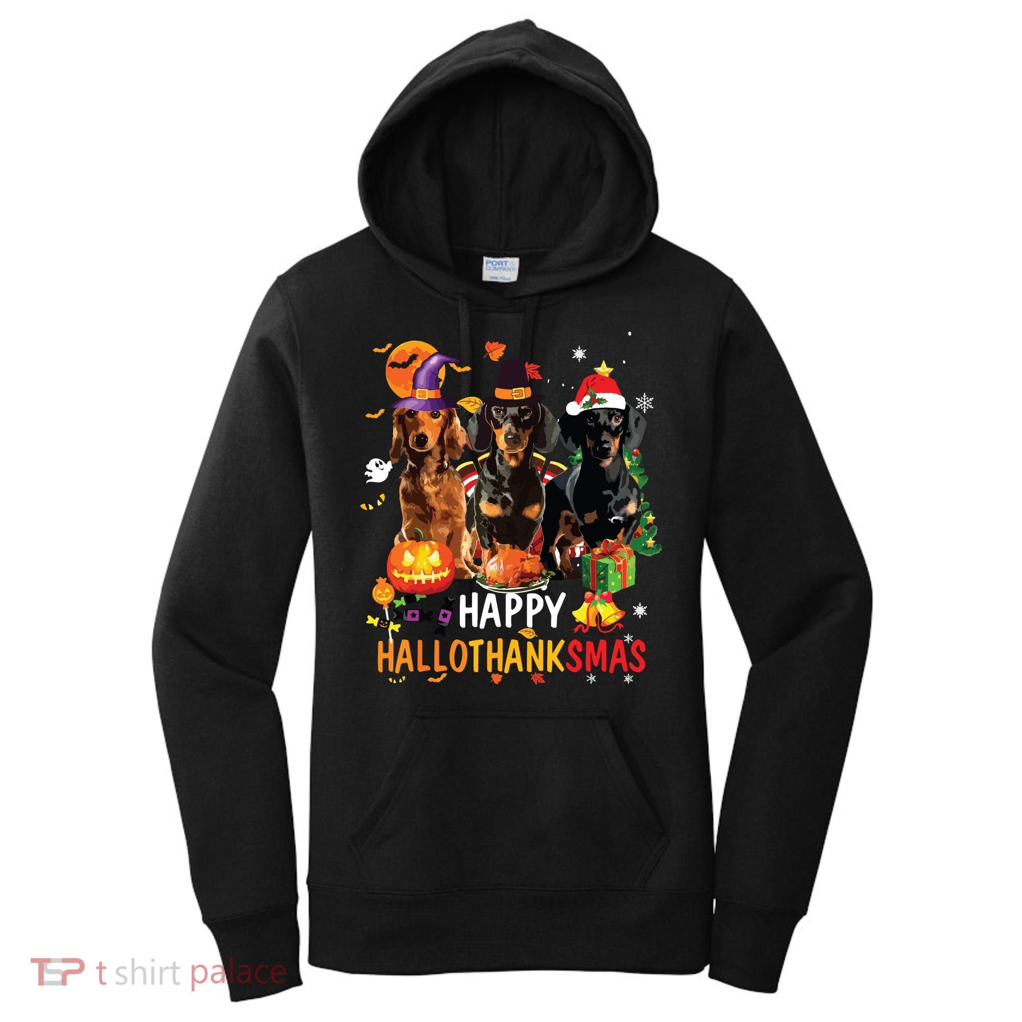 Dachshund Dog Halloween Merry Christmas Happy Hallothanksmas Women's Hoodie