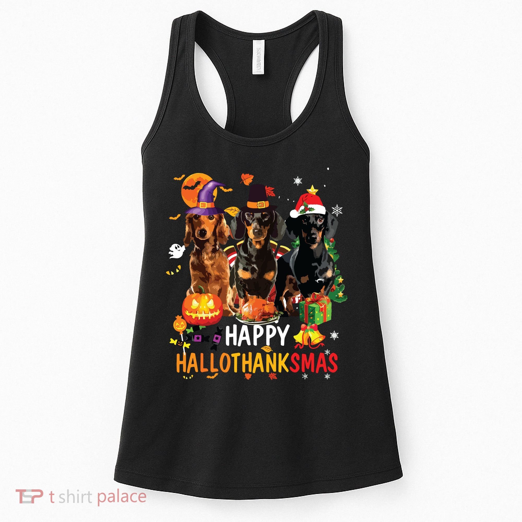 Dachshund Dog Halloween Merry Christmas Happy Hallothanksmas Women's Tank Top
