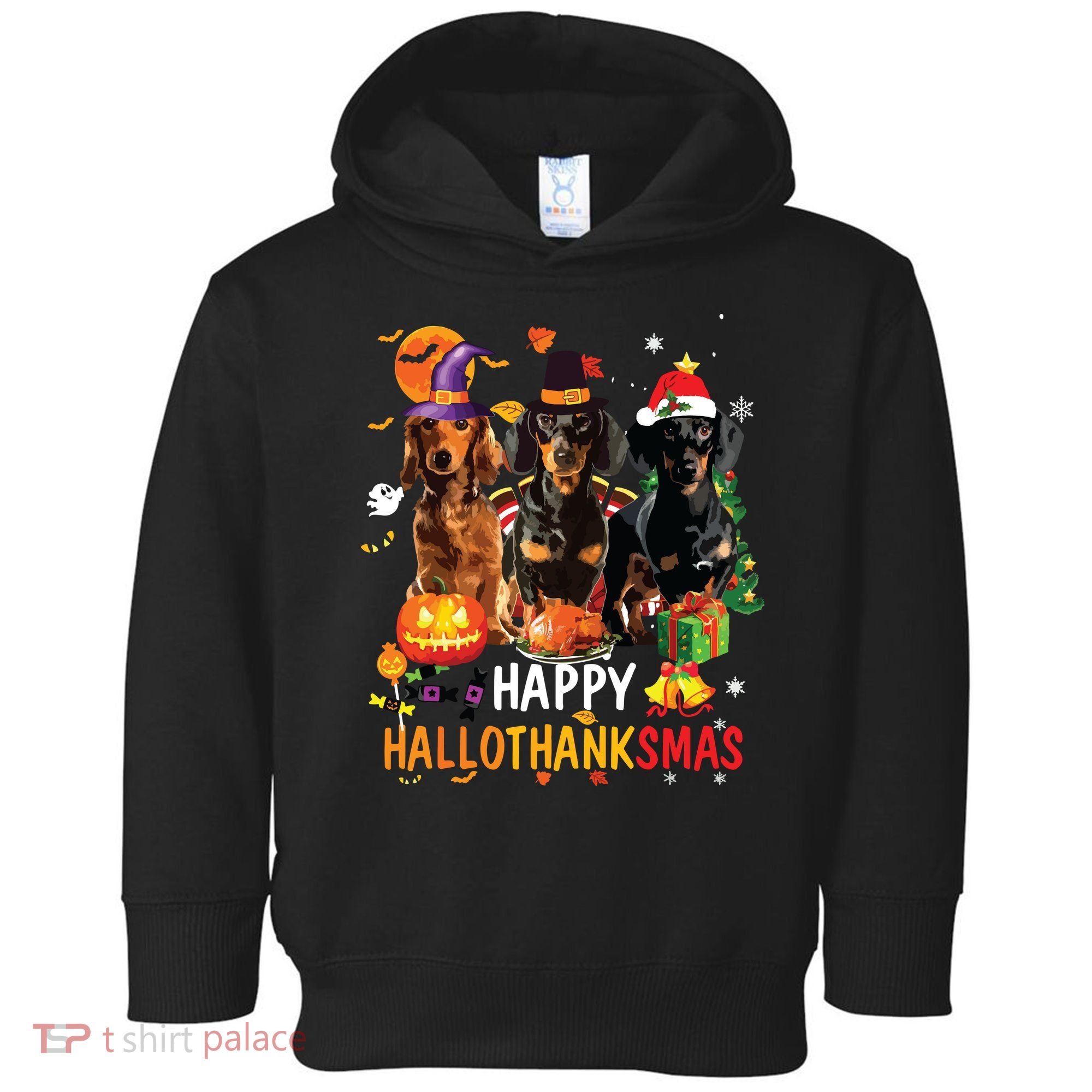 Dachshund Dog Halloween Merry Christmas Happy Hallothanksmas Toddler Hoodie