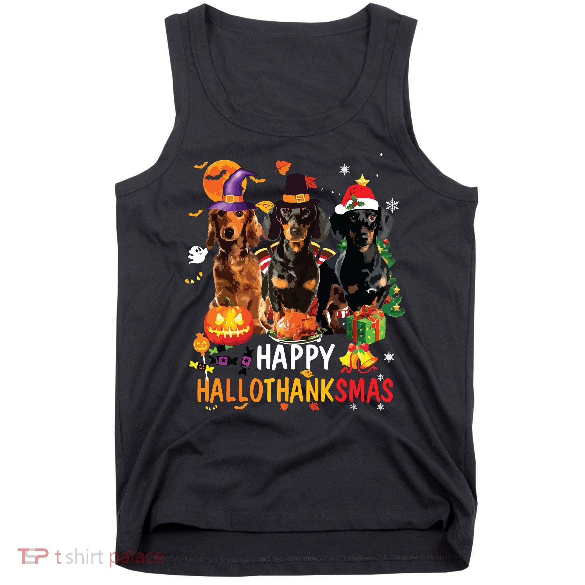 Dachshund Dog Halloween Merry Christmas Happy Hallothanksmas Tank Top