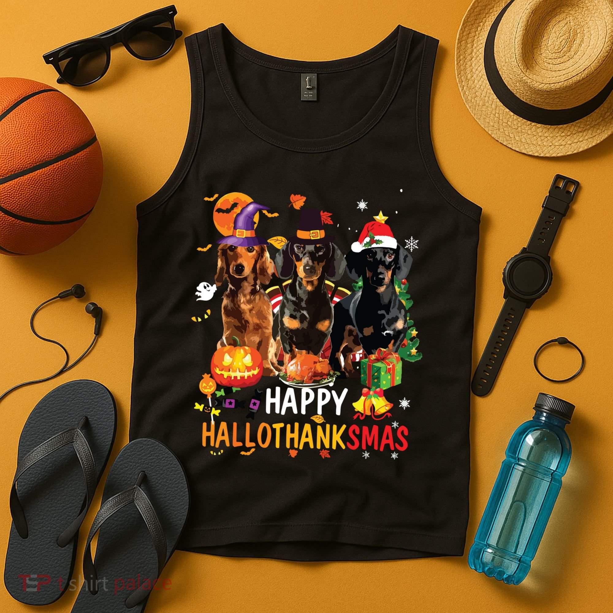 Dachshund Dog Halloween Merry Christmas Happy Hallothanksmas Tank Top